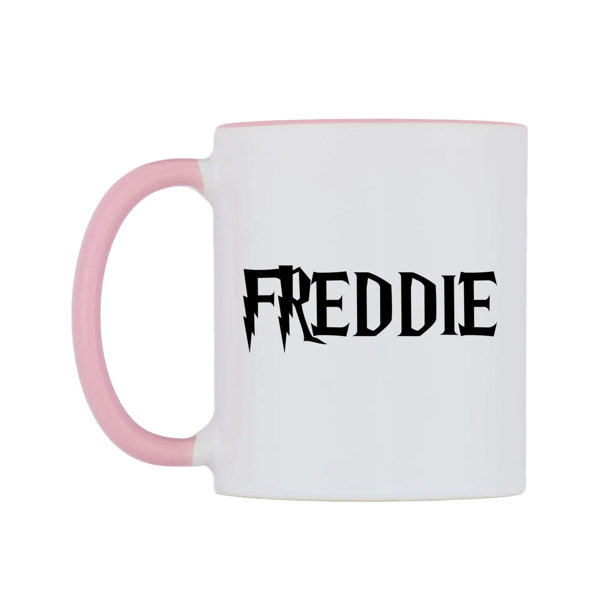 Freddie - Wizard Themed Mug — white 11oz gloss mug with a pink inside and handle, right side, on a white background