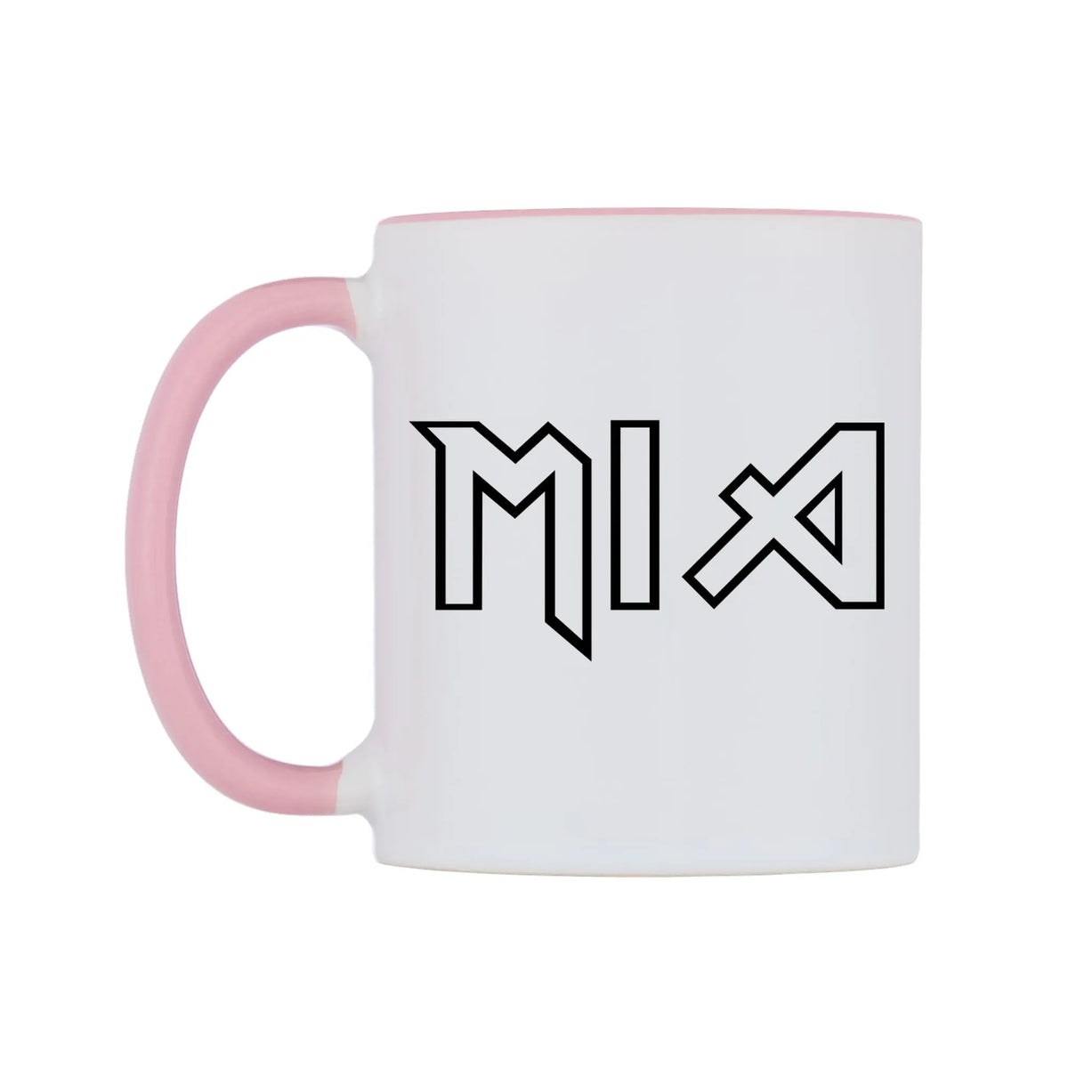 Mia - Iron Maiden Themed Mug — white 11oz gloss mug with a pink inside and handle, right side, on a white background