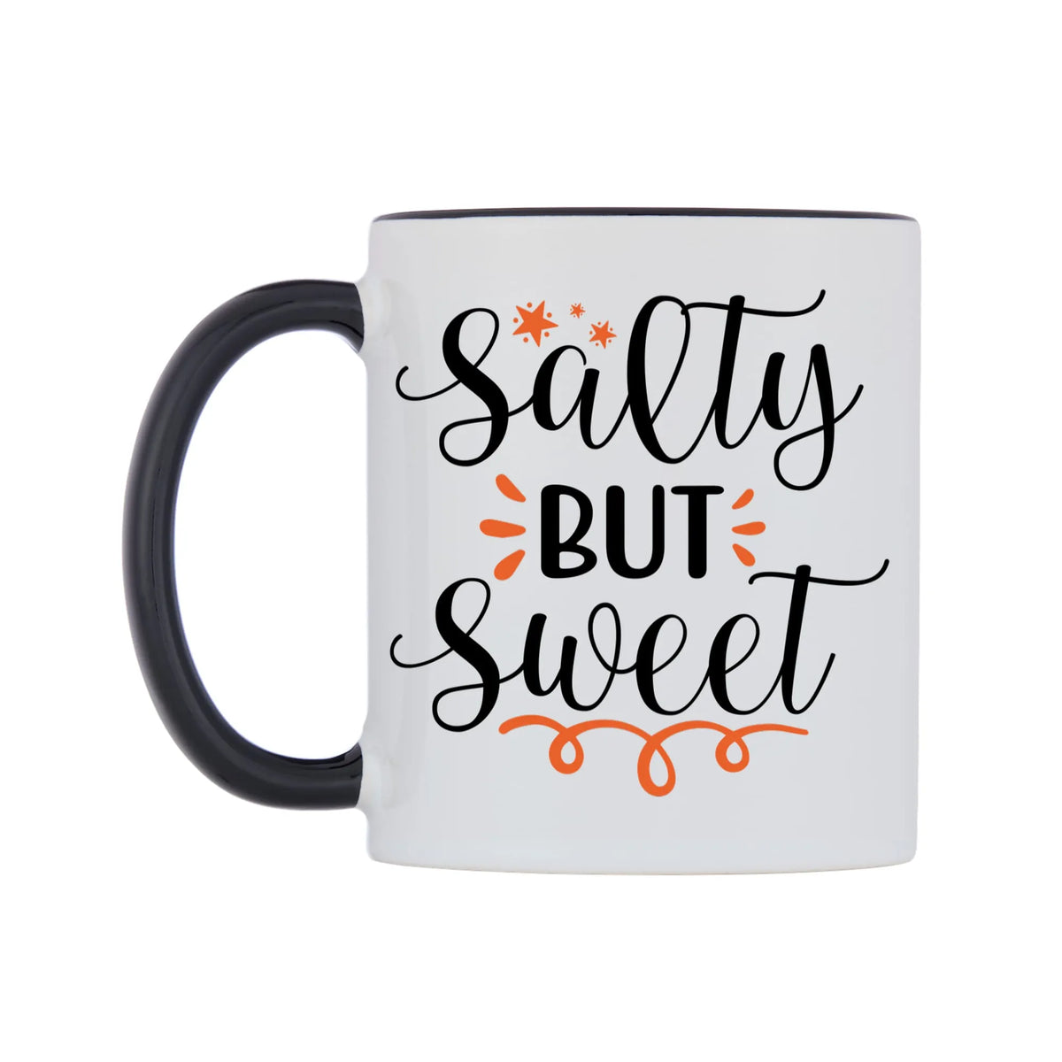 Salty but sweet Mug — white 11oz gloss mug with a black inside and handle, right side, on a white background
