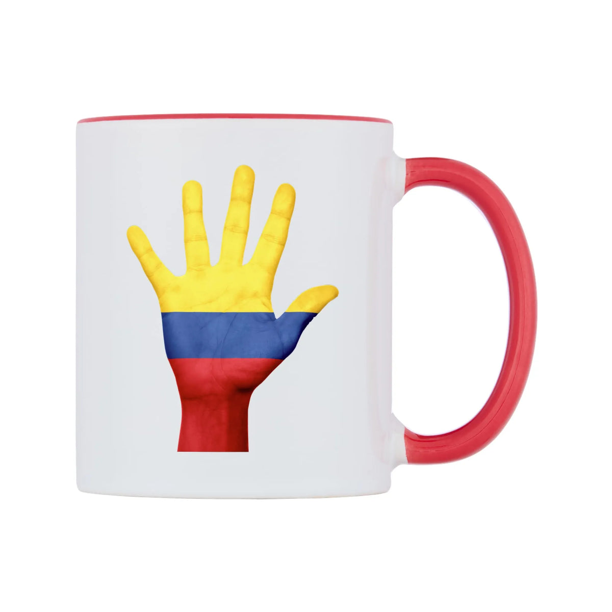 Colombia Hand Flag Mug — white 11oz gloss mug with a red inside and handle, left side, on a white background