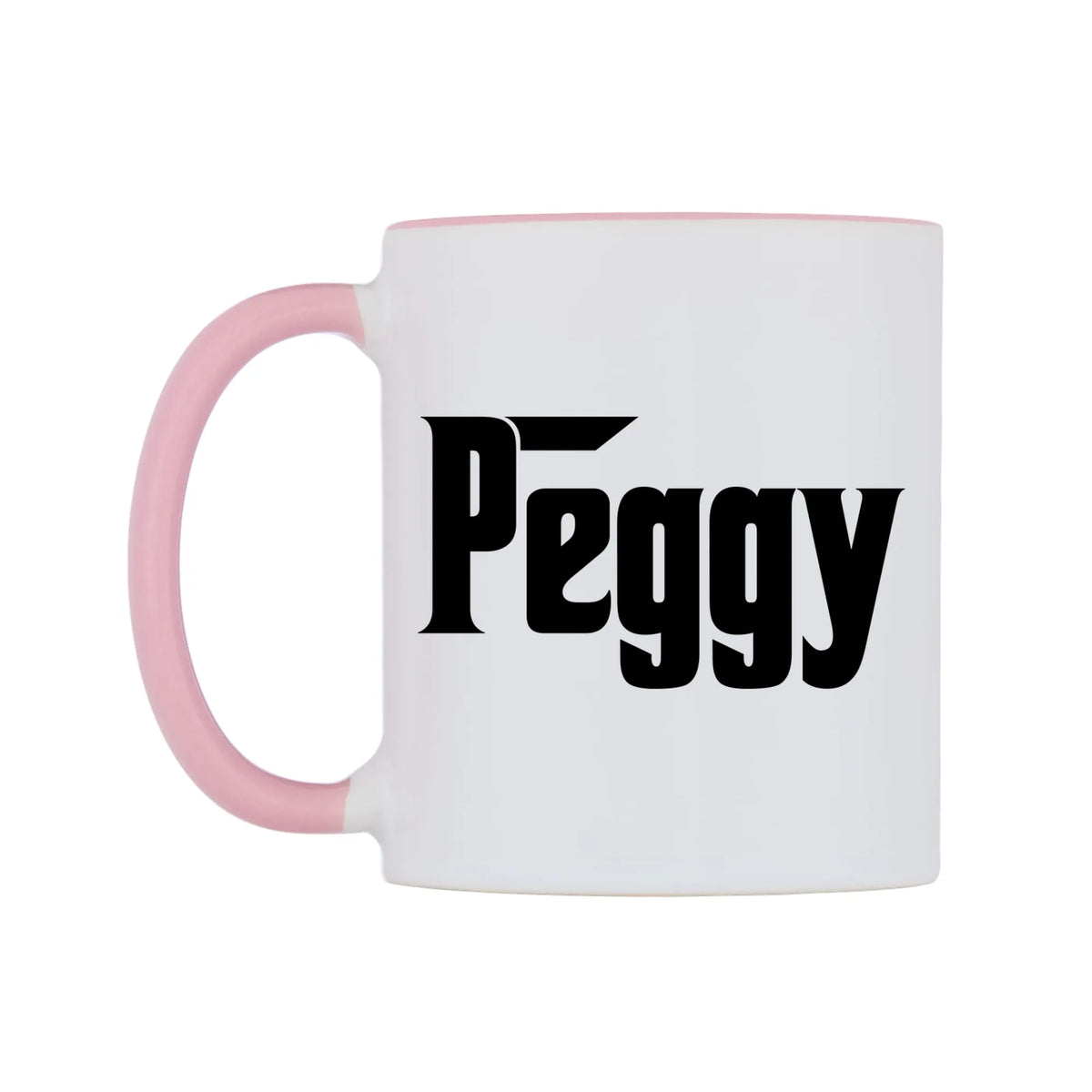 Peggy - Godfather Themed Mug — white 11oz gloss mug with a pink inside and handle, right side, on a white background