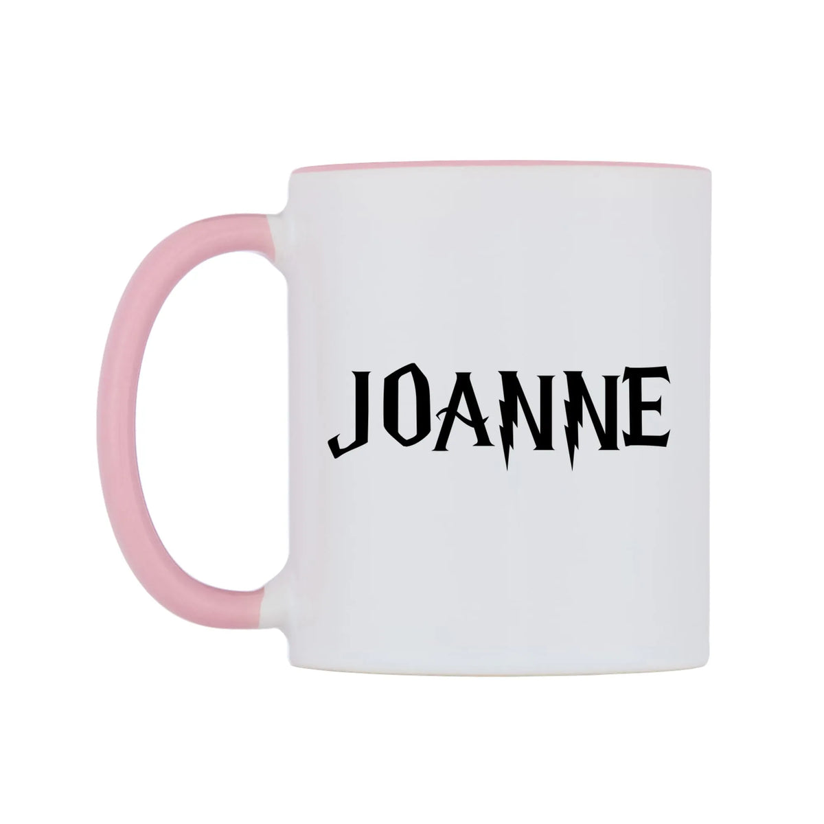 Joanne - Wizard Themed Mug — white 11oz gloss mug with a pink inside and handle, right side, on a white background