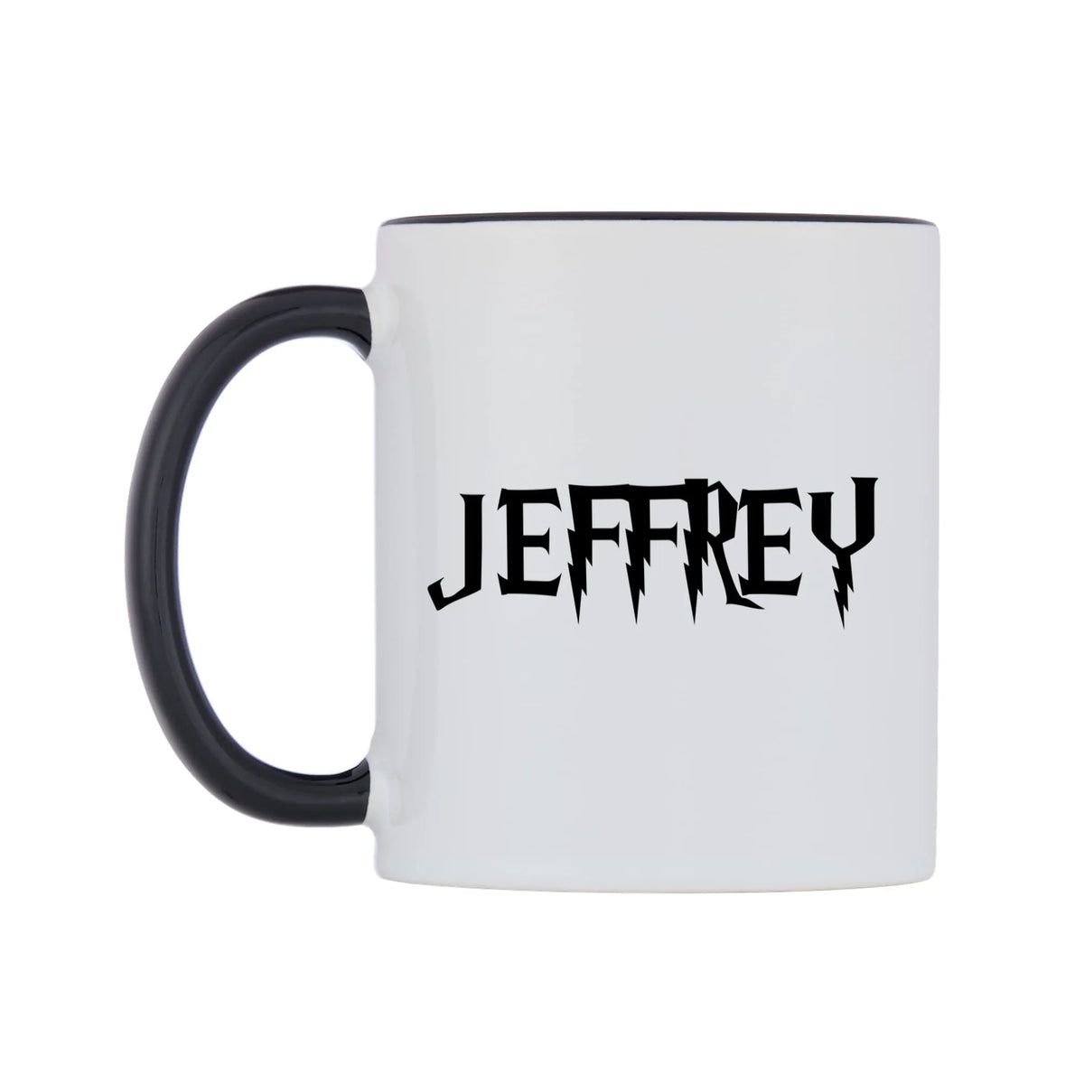 Jeffrey - Wizard Themed Mug — white 11oz gloss mug with a black inside and handle, right side, on a white background