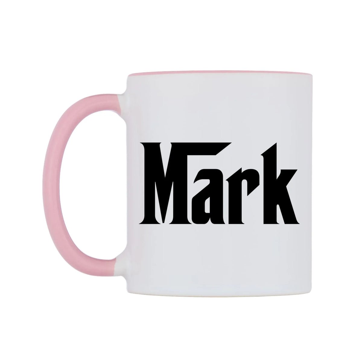 Mark - Godfather Themed Mug — white 11oz gloss mug with a pink inside and handle, right side, on a white background