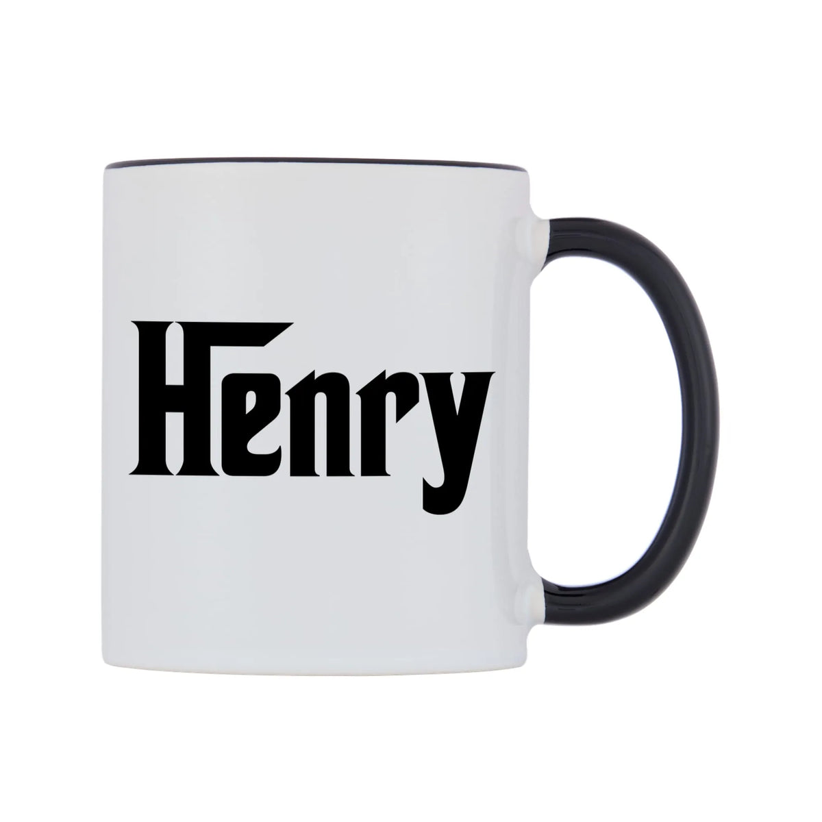 Henry - Godfather Themed Mug — white 11oz gloss mug with a black inside and handle, left side, on a white background