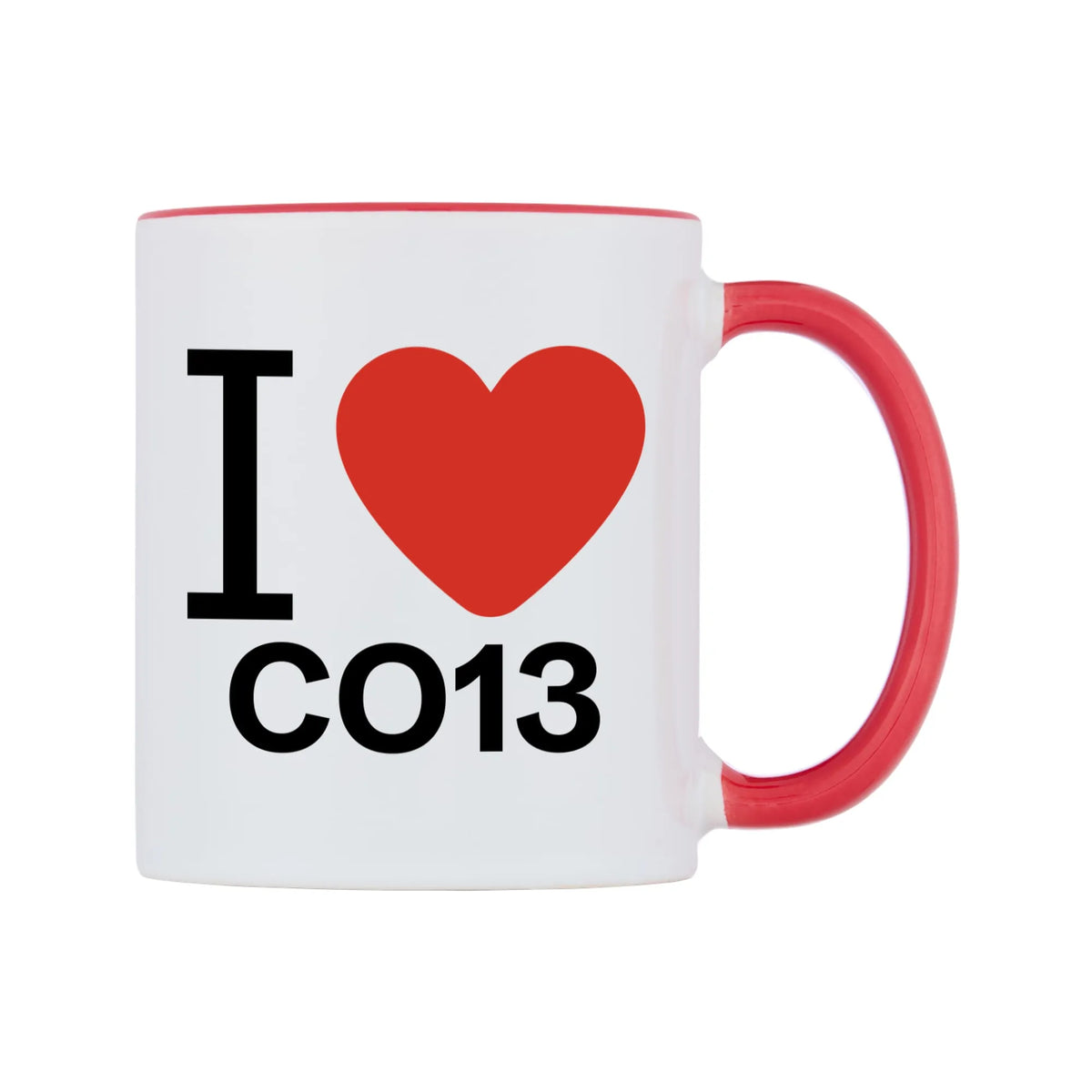 I Love CO13 Mug — white 11oz gloss mug with a red inside and handle, left side, on a white background