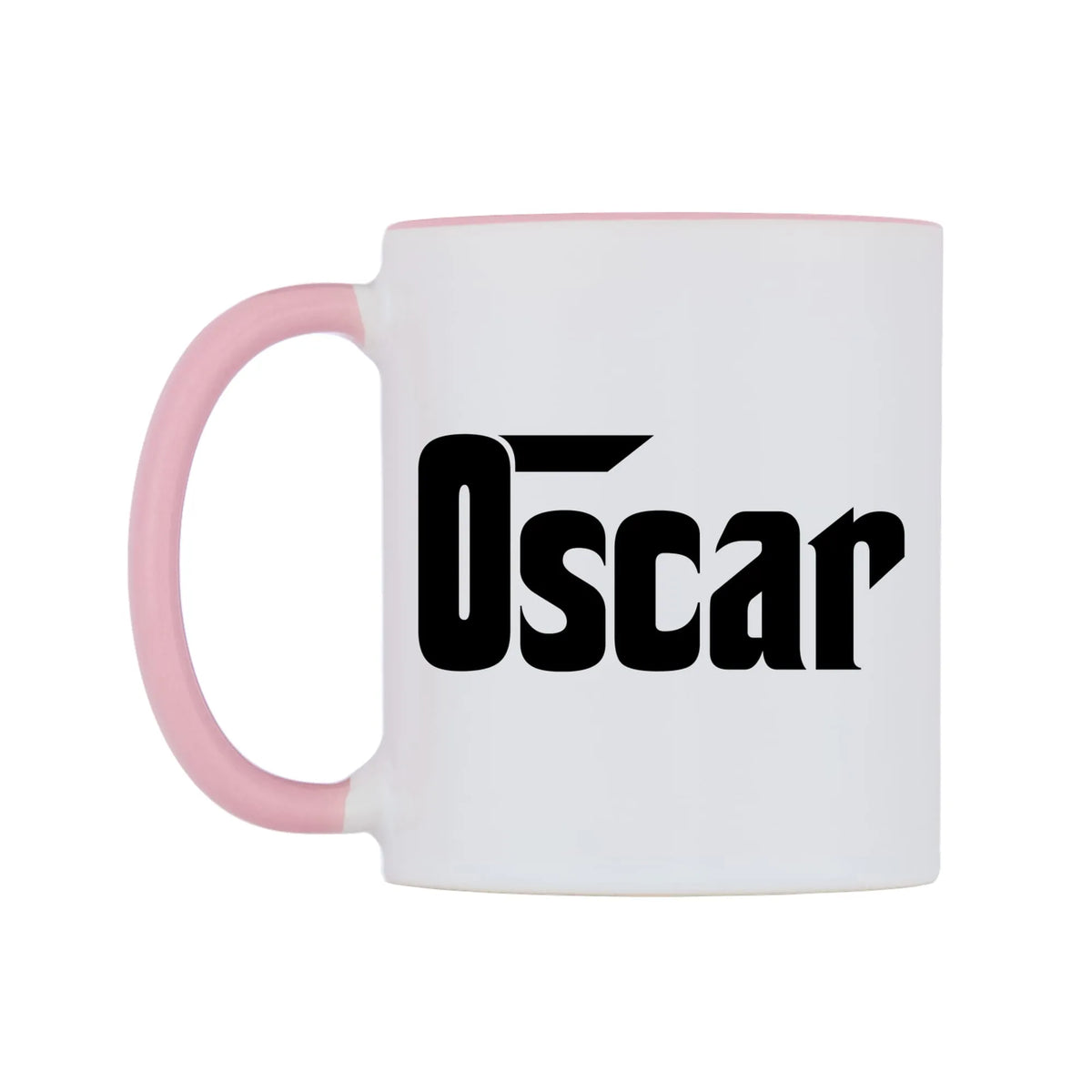 Oscar - Godfather Themed Mug — white 11oz gloss mug with a pink inside and handle, right side, on a white background