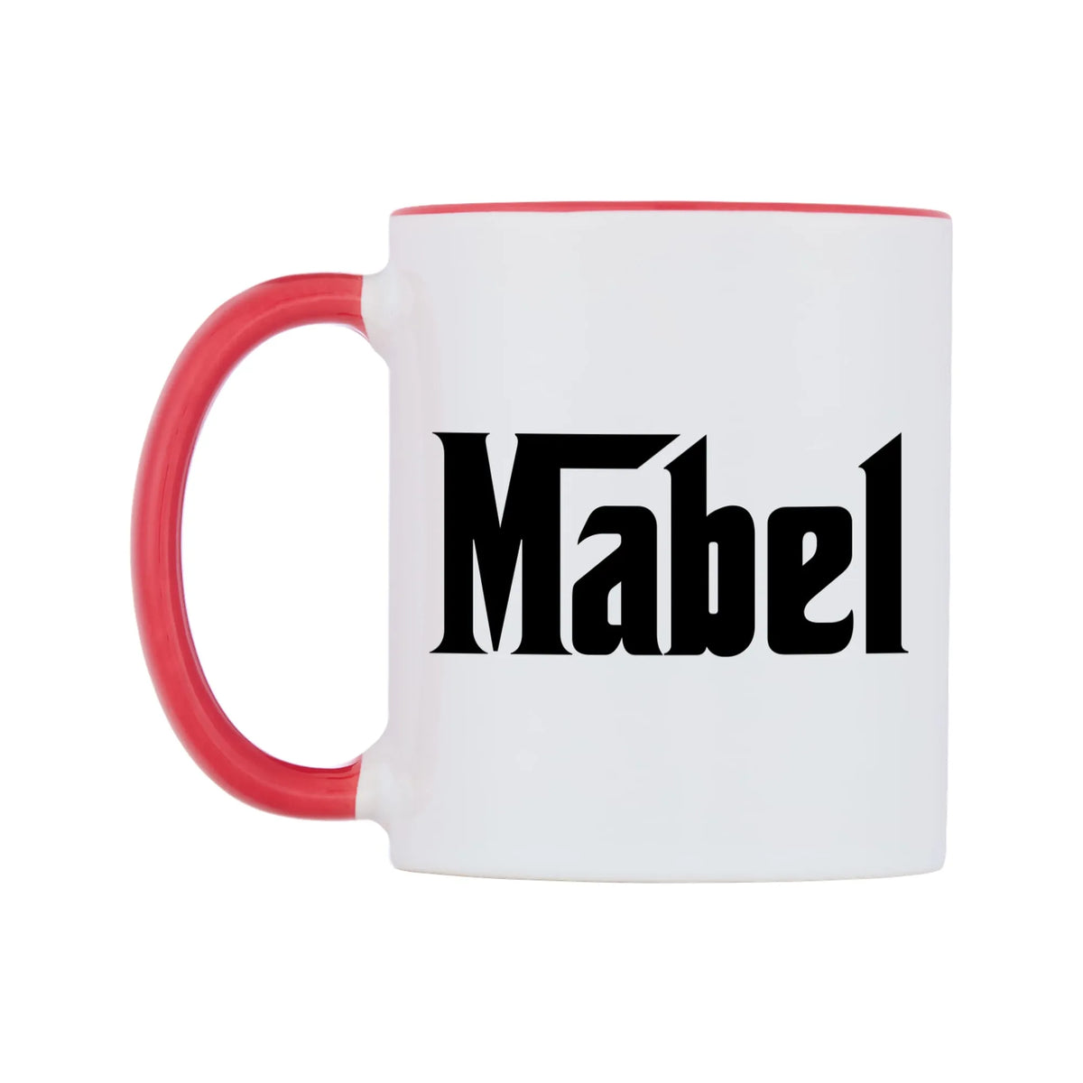 Mabel - Godfather Themed Mug — white 11oz gloss mug with a red inside and handle, right side, on a white background