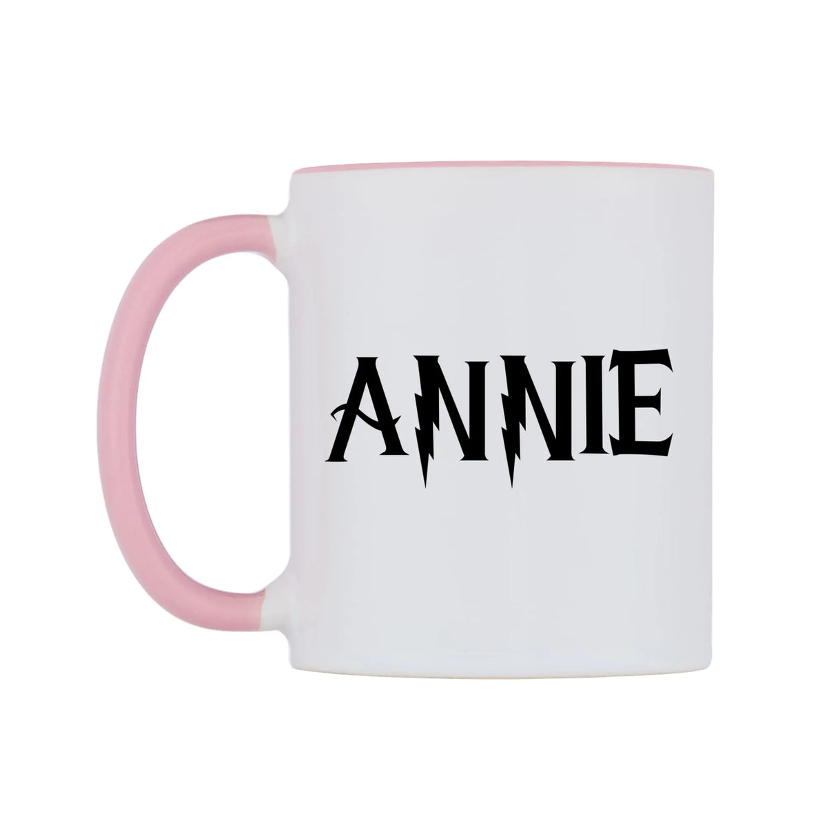 Annie - Wizard Themed Mug — white 11oz gloss mug with a pink inside and handle, right side, on a white background
