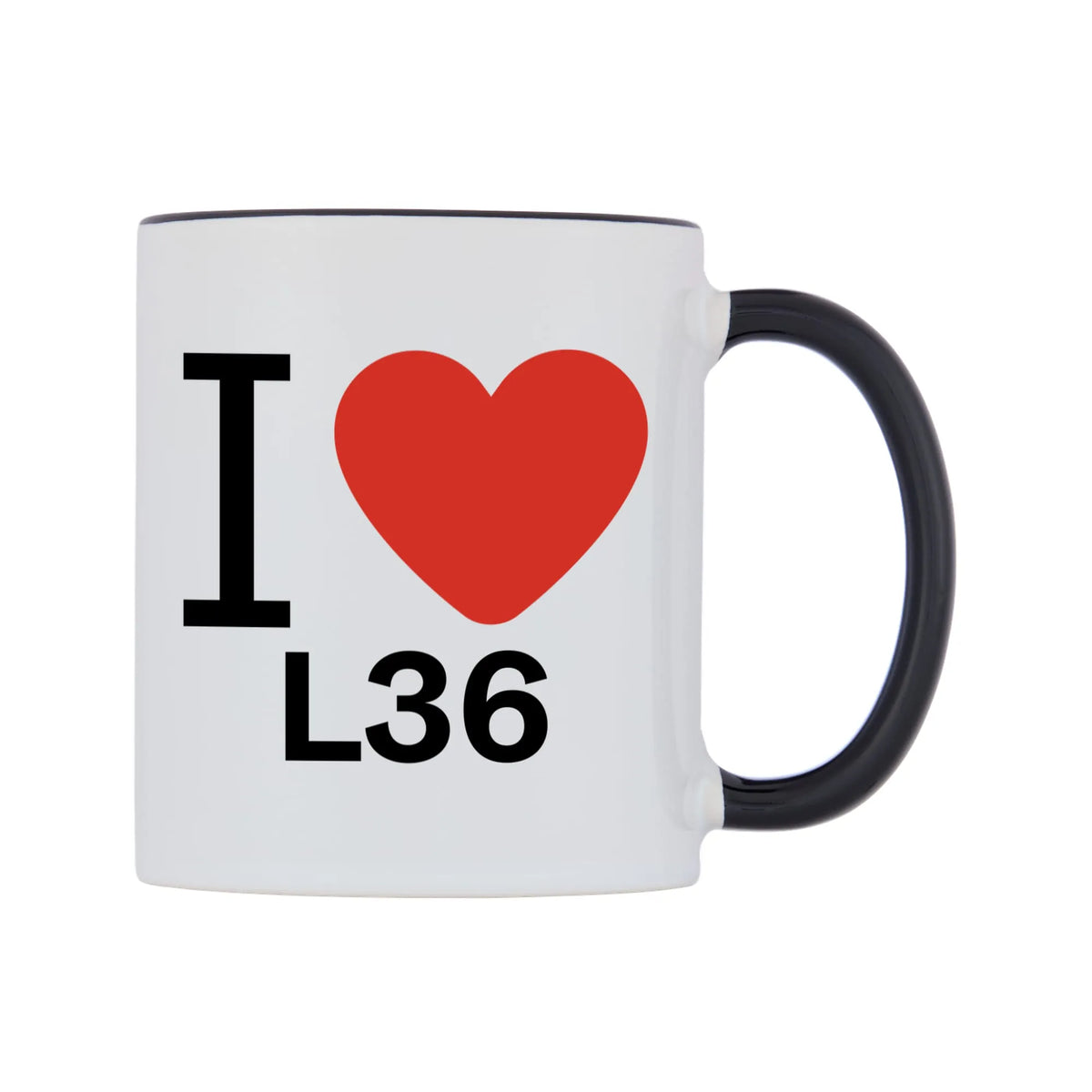 I Love L36 Mug — white 11oz gloss mug with a black inside and handle, left side, on a white background
