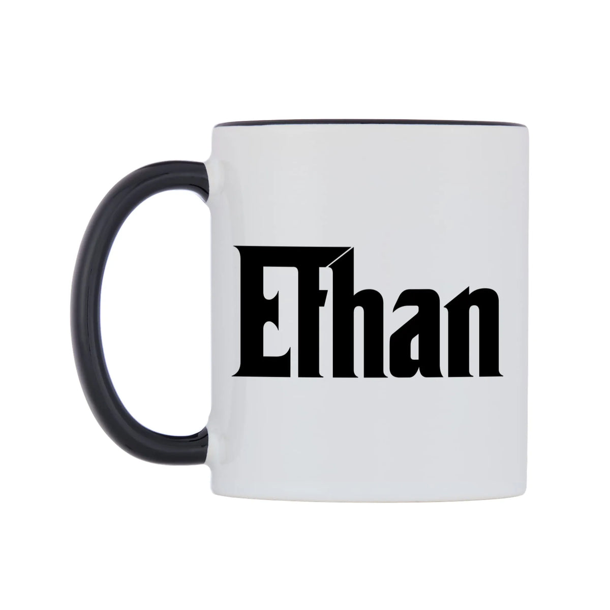 Ethan - Godfather Themed Mug — white 11oz gloss mug with a black inside and handle, right side, on a white background
