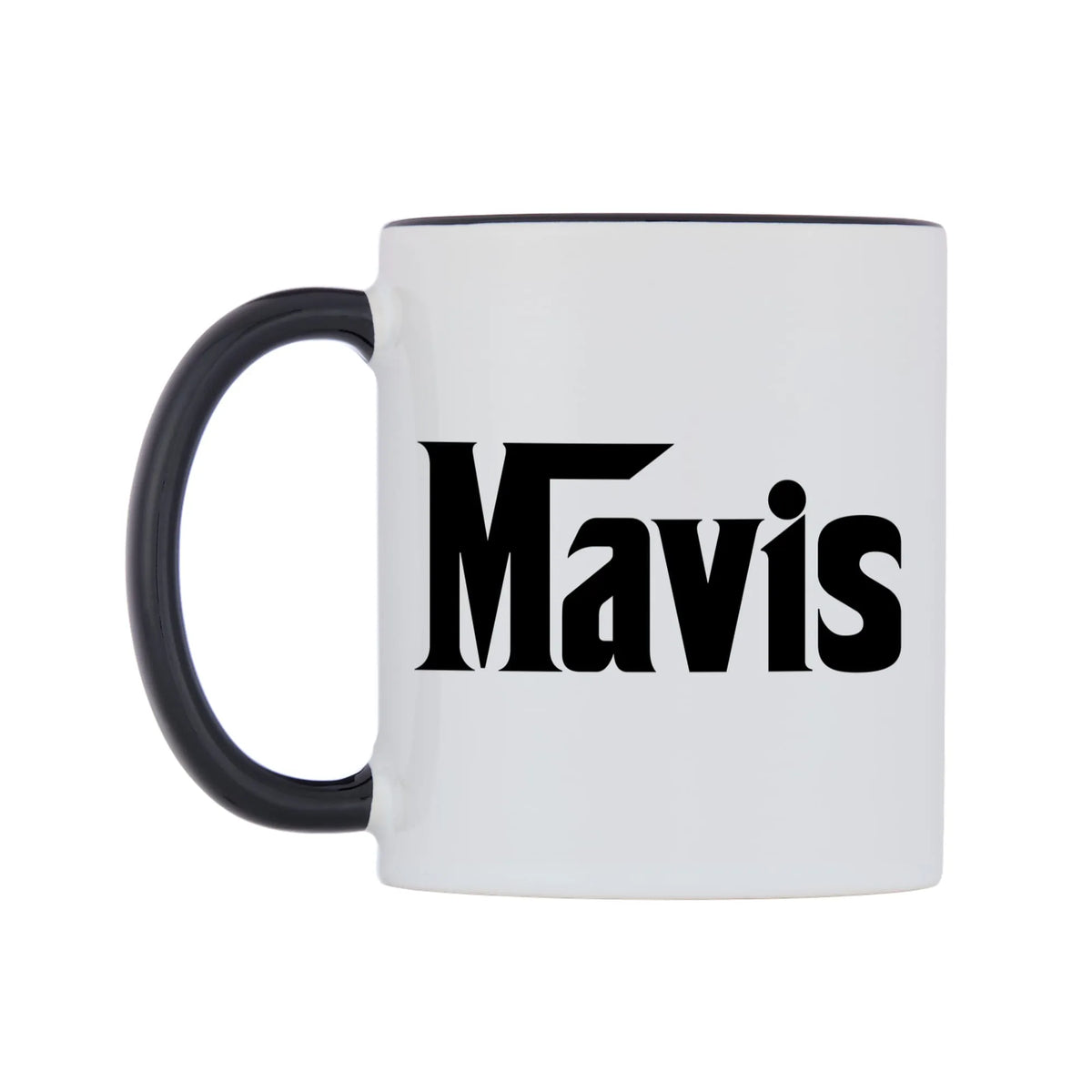 Mavis - Godfather Themed Mug — white 11oz gloss mug with a black inside and handle, right side, on a white background
