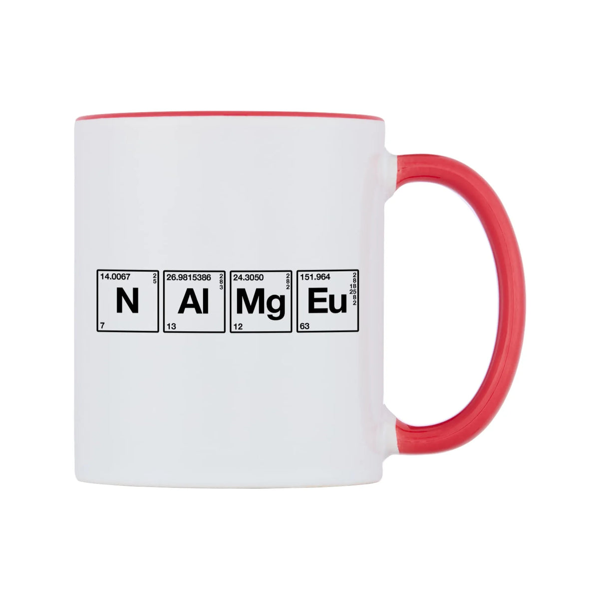 Chemistry Themed Personalised Mug — white 11oz gloss mug with a red inside and handle, left side, on a white background