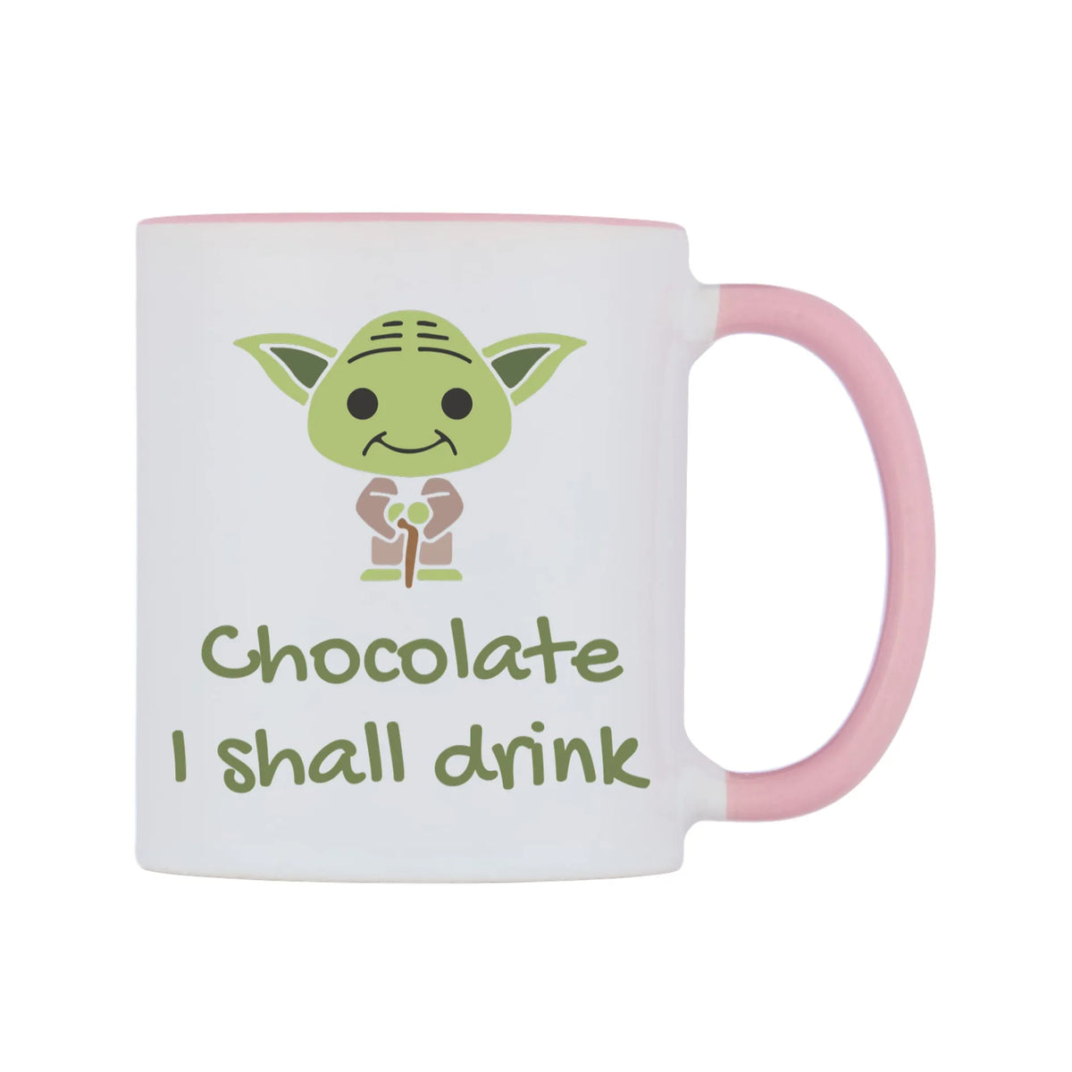 Chocolate I shall drink Mug — white 11oz gloss mug with a pink inside and handle, left side, on a white background