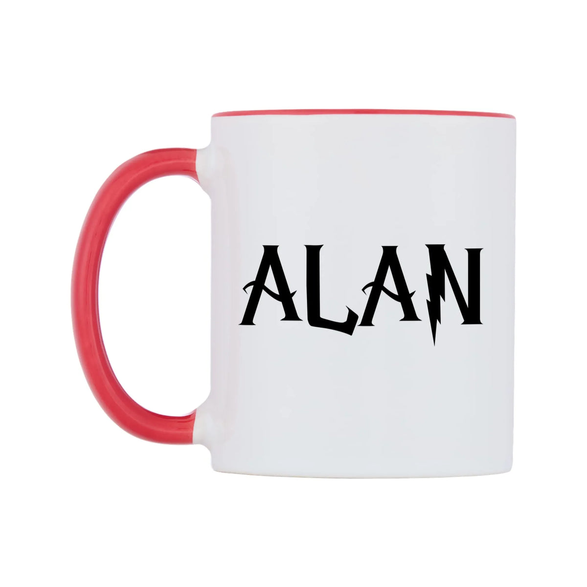Alan - Wizard Themed Mug — white 11oz gloss mug with a red inside and handle, right side, on a white background