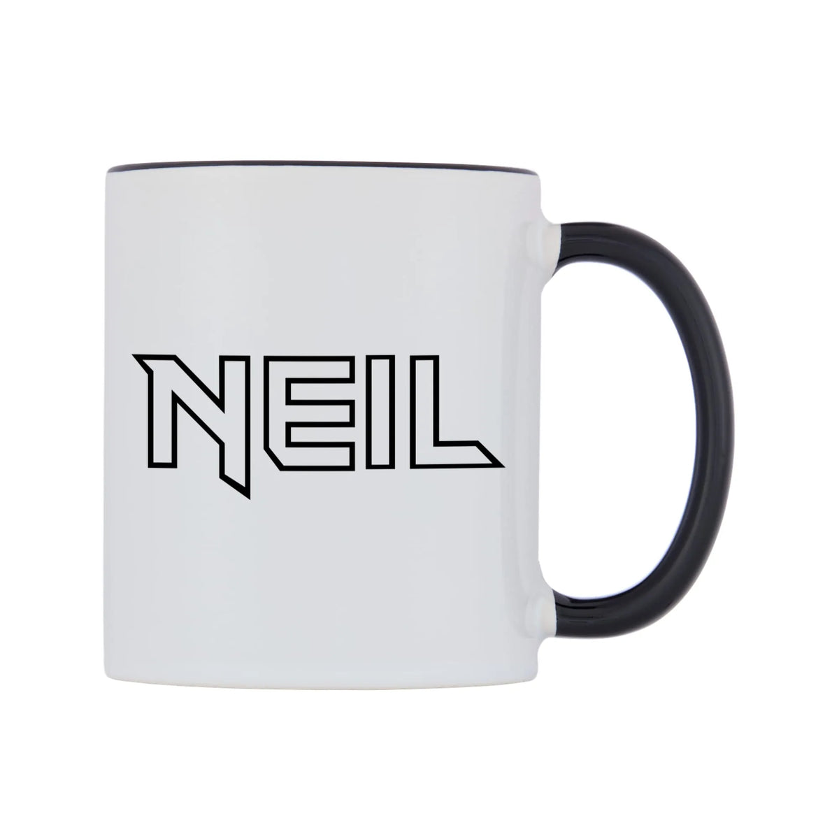 Neil - Iron Maiden Themed Mug — white 11oz gloss mug with a black inside and handle, left side, on a white background