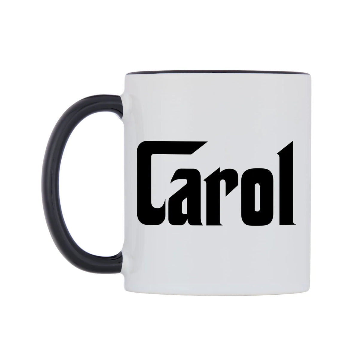 Carol - Godfather Themed Mug — white 11oz gloss mug with a black inside and handle, right side, on a white background