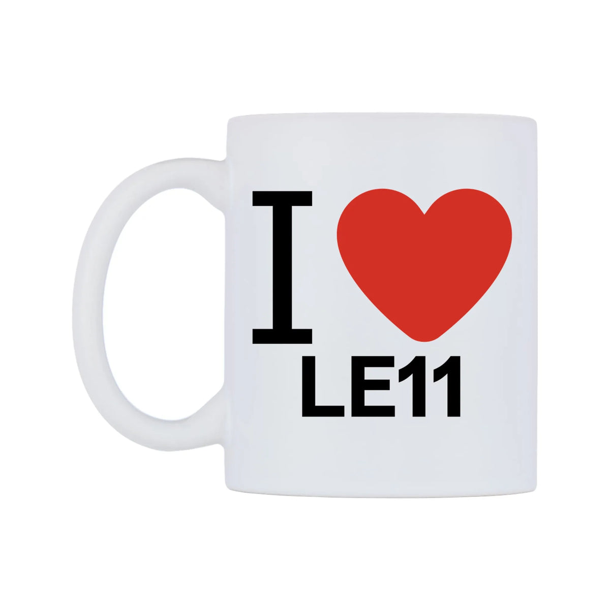 I Love LE11 Mug — white 11oz gloss mug, right side, on a white background