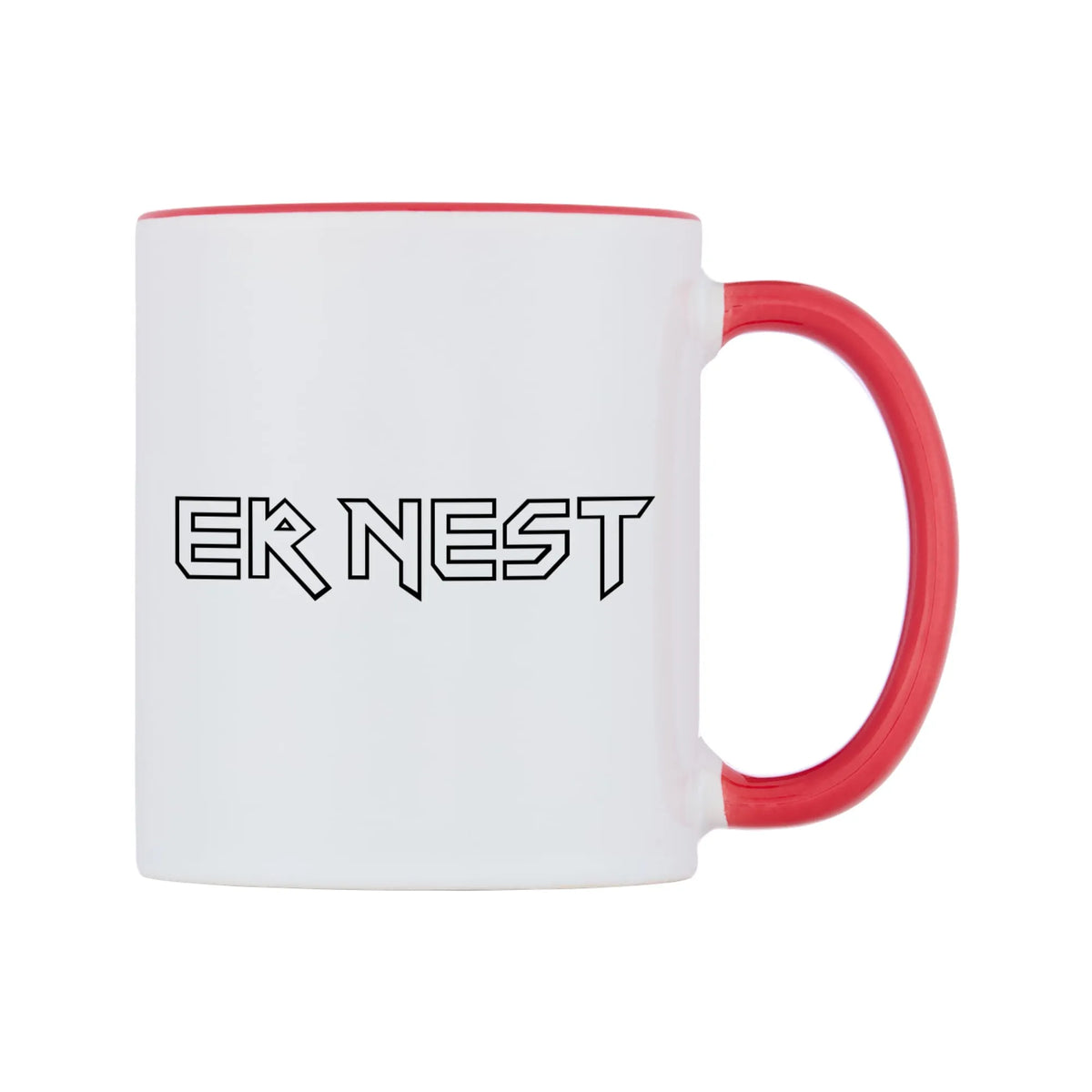 Ernest - Iron Maiden Themed Mug — white 11oz gloss mug with a red inside and handle, left side, on a white background