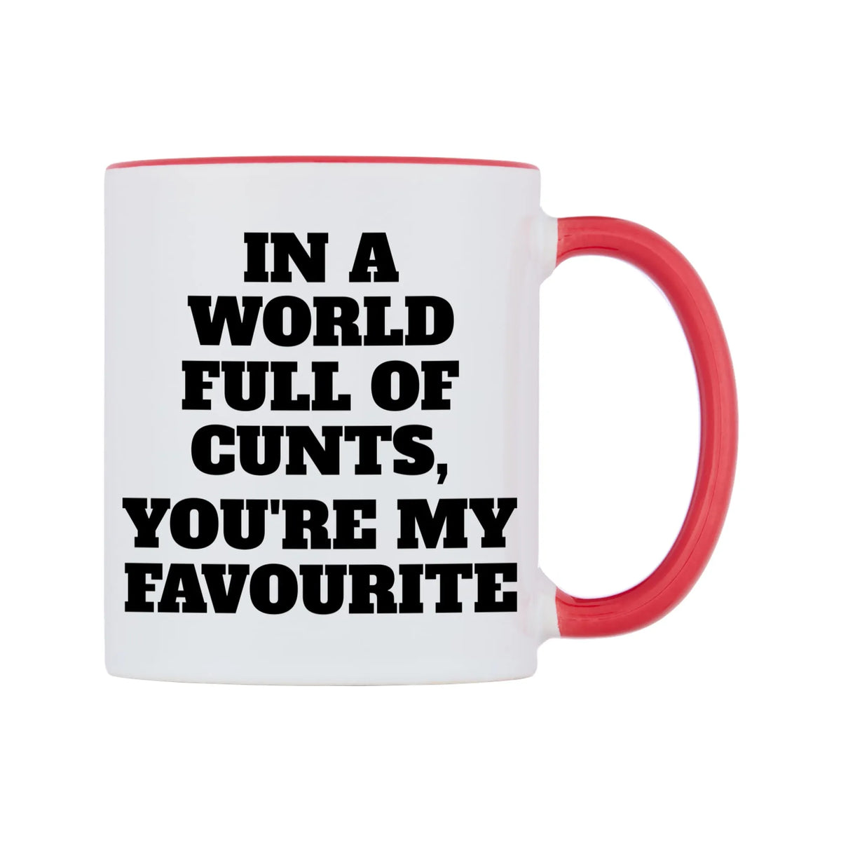 In a world full of c**ts, you're my favourite Mug — white 11oz gloss mug with a red inside and handle, left side, on a white background