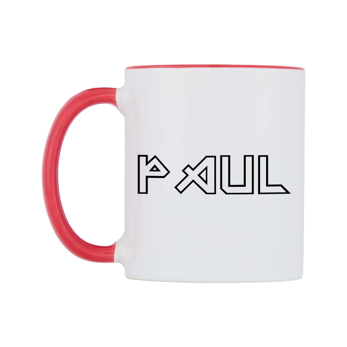 Paul - Iron Maiden Themed Mug — white 11oz gloss mug with a red inside and handle, right side, on a white background