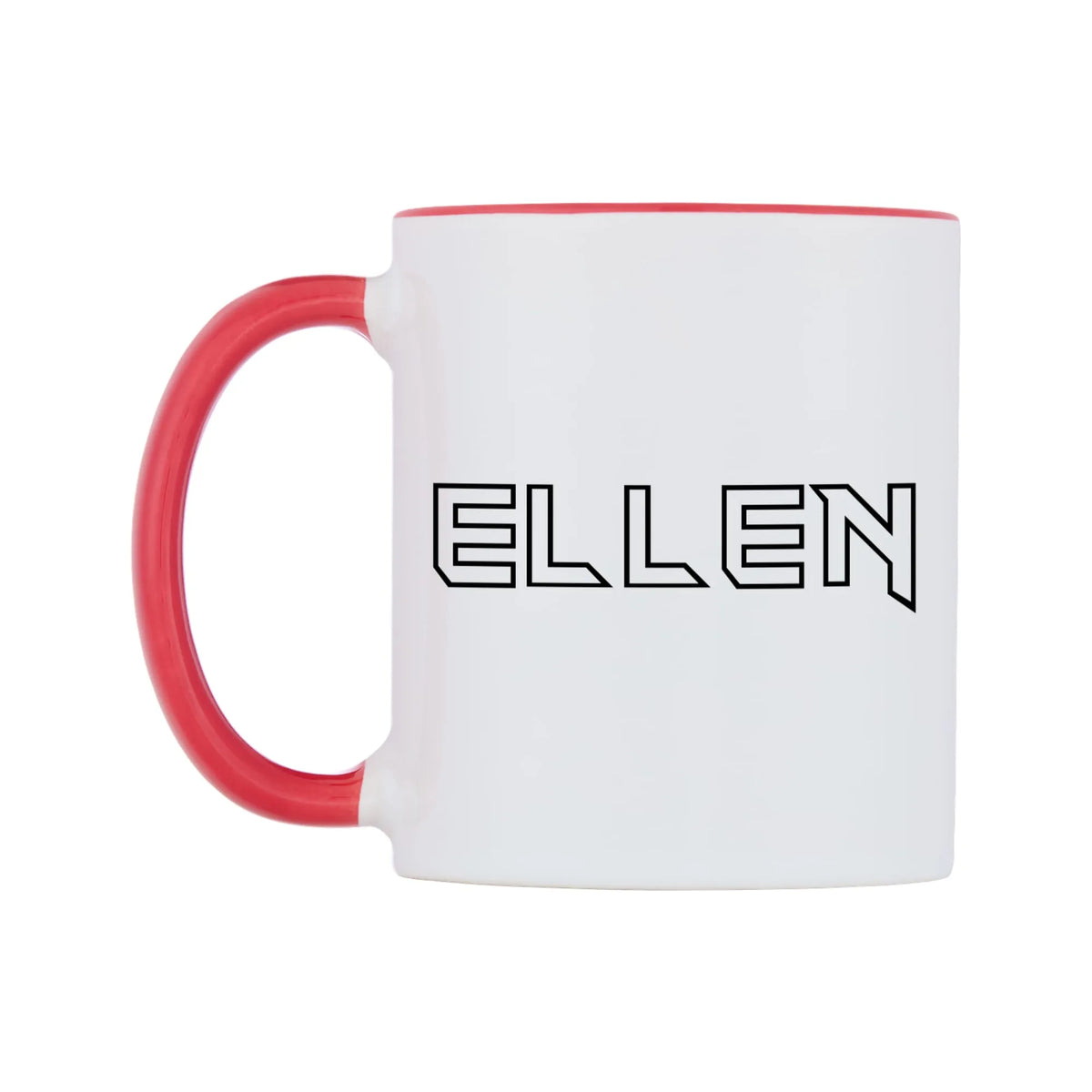 Ellen - Iron Maiden Themed Mug — white 11oz gloss mug with a red inside and handle, right side, on a white background