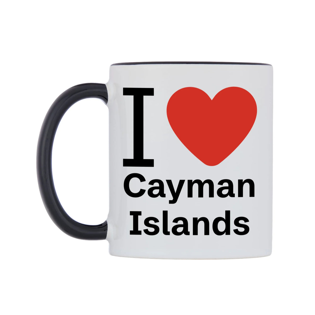 I Love Cayman Islands Mug — white 11oz gloss mug with a black inside and handle, right side, on a white background