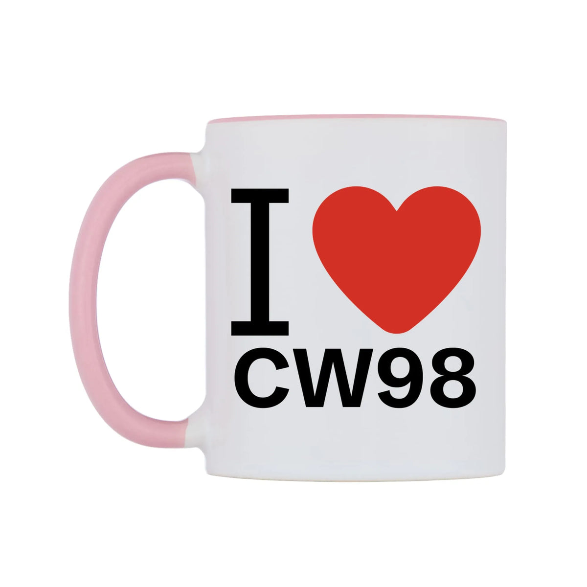 I Love CW98 Mug — white 11oz gloss mug with a pink inside and handle, right side, on a white background
