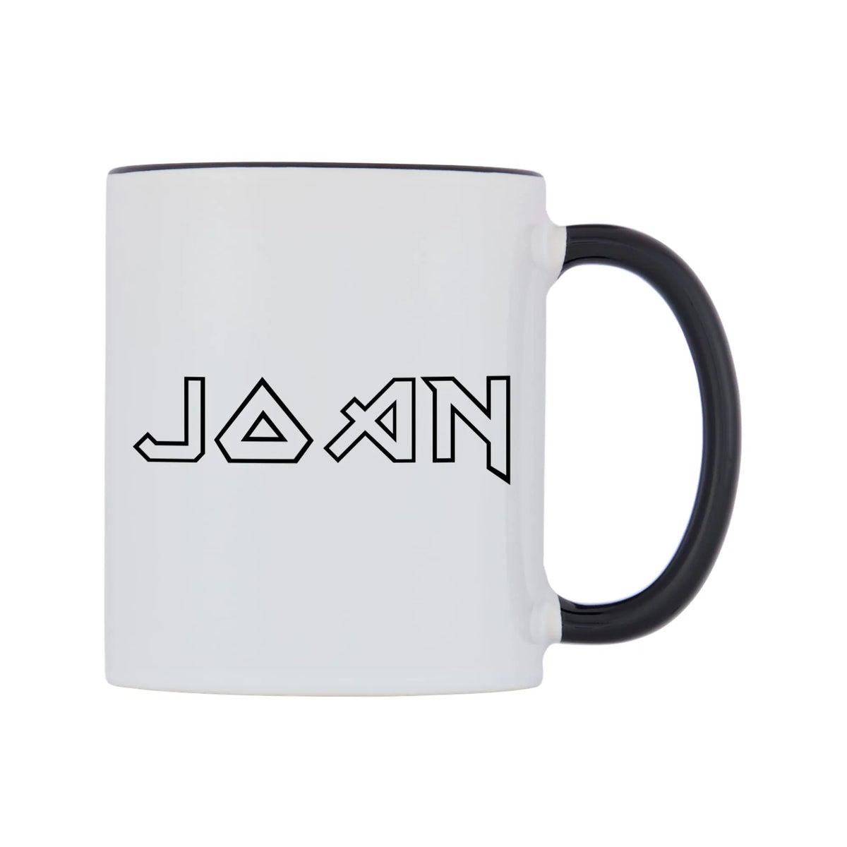 Joan - Iron Maiden Themed Mug — white 11oz gloss mug with a black inside and handle, left side, on a white background