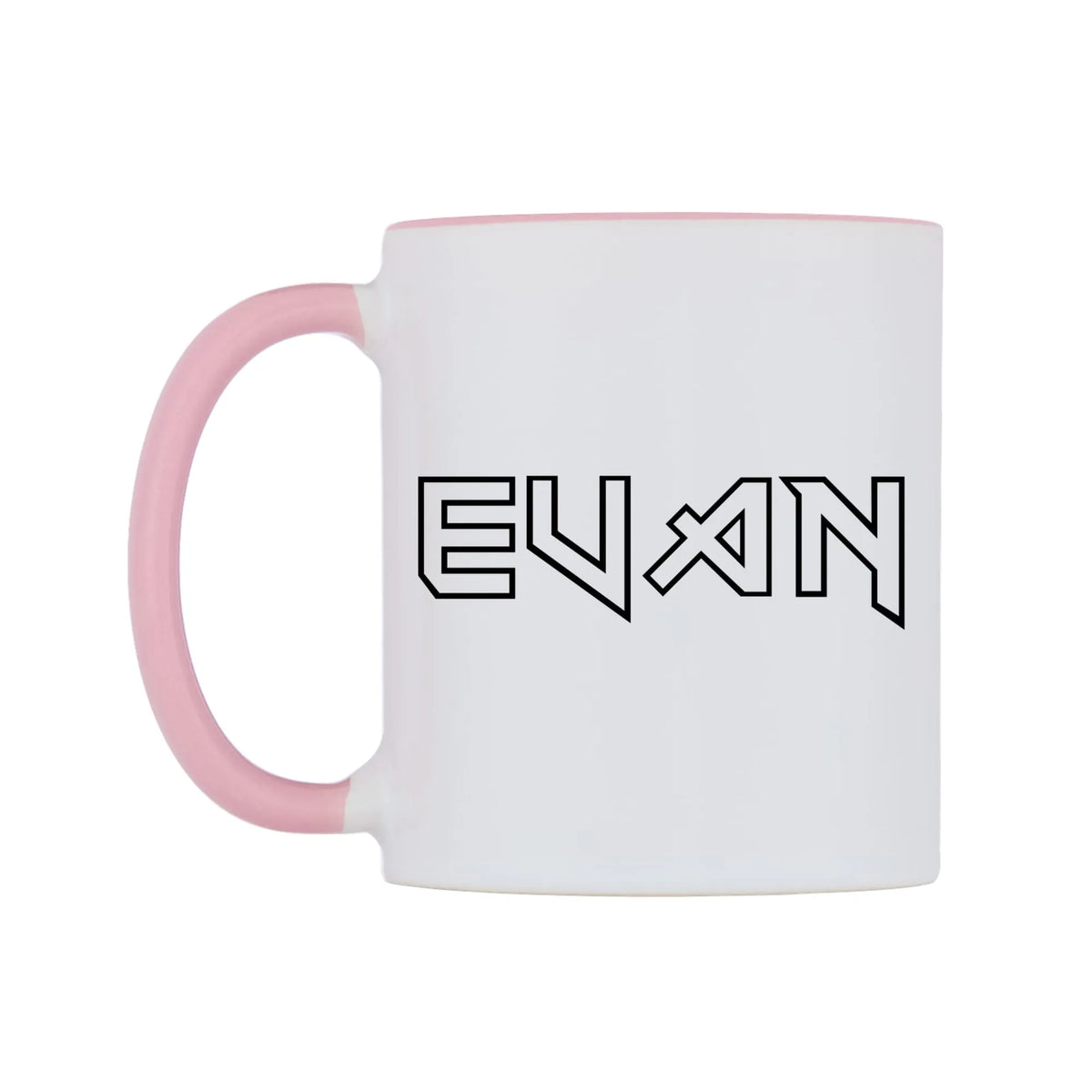 Evan - Iron Maiden Themed Mug — white 11oz gloss mug with a pink inside and handle, right side, on a white background