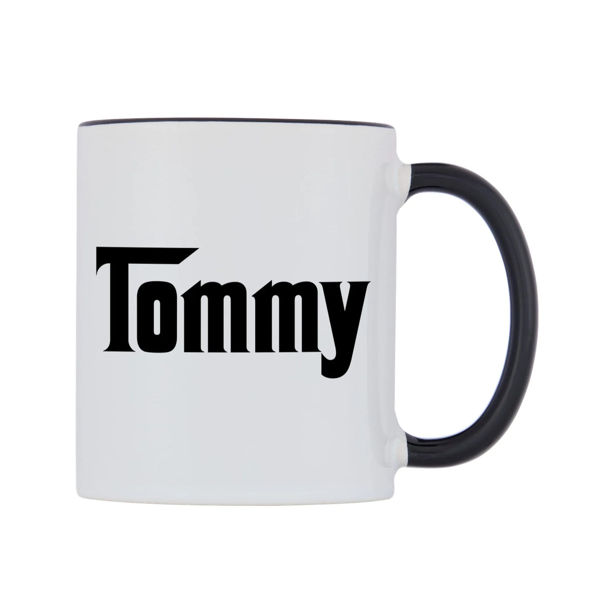 Tommy - Godfather Themed Mug — white 11oz gloss mug with a black inside and handle, left side, on a white background