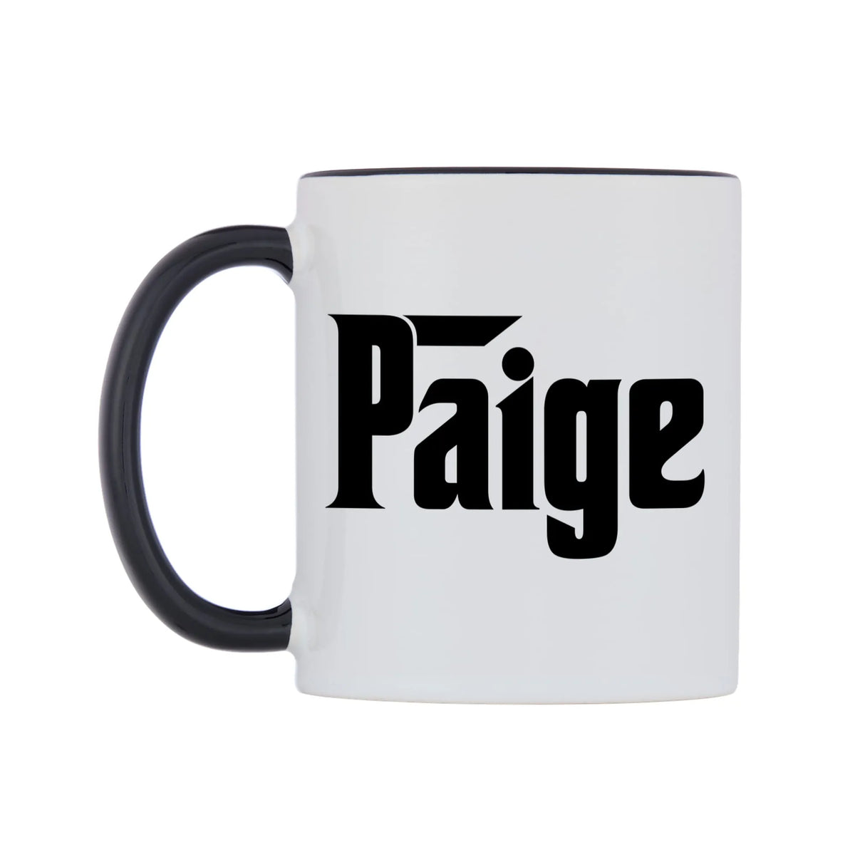 Paige - Godfather Themed Mug — white 11oz gloss mug with a black inside and handle, right side, on a white background
