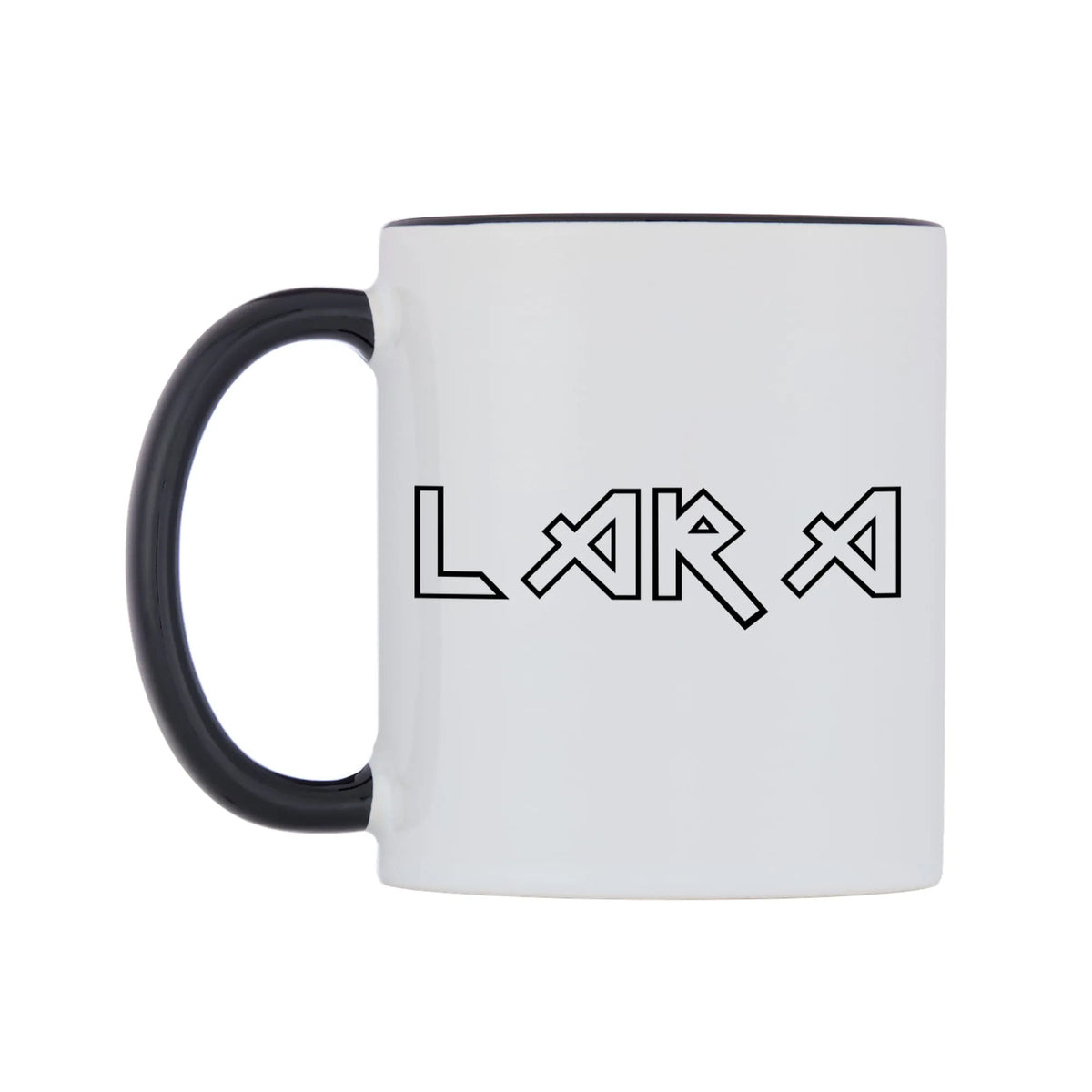 Lara - Iron Maiden Themed Mug — white 11oz gloss mug with a black inside and handle, right side, on a white background