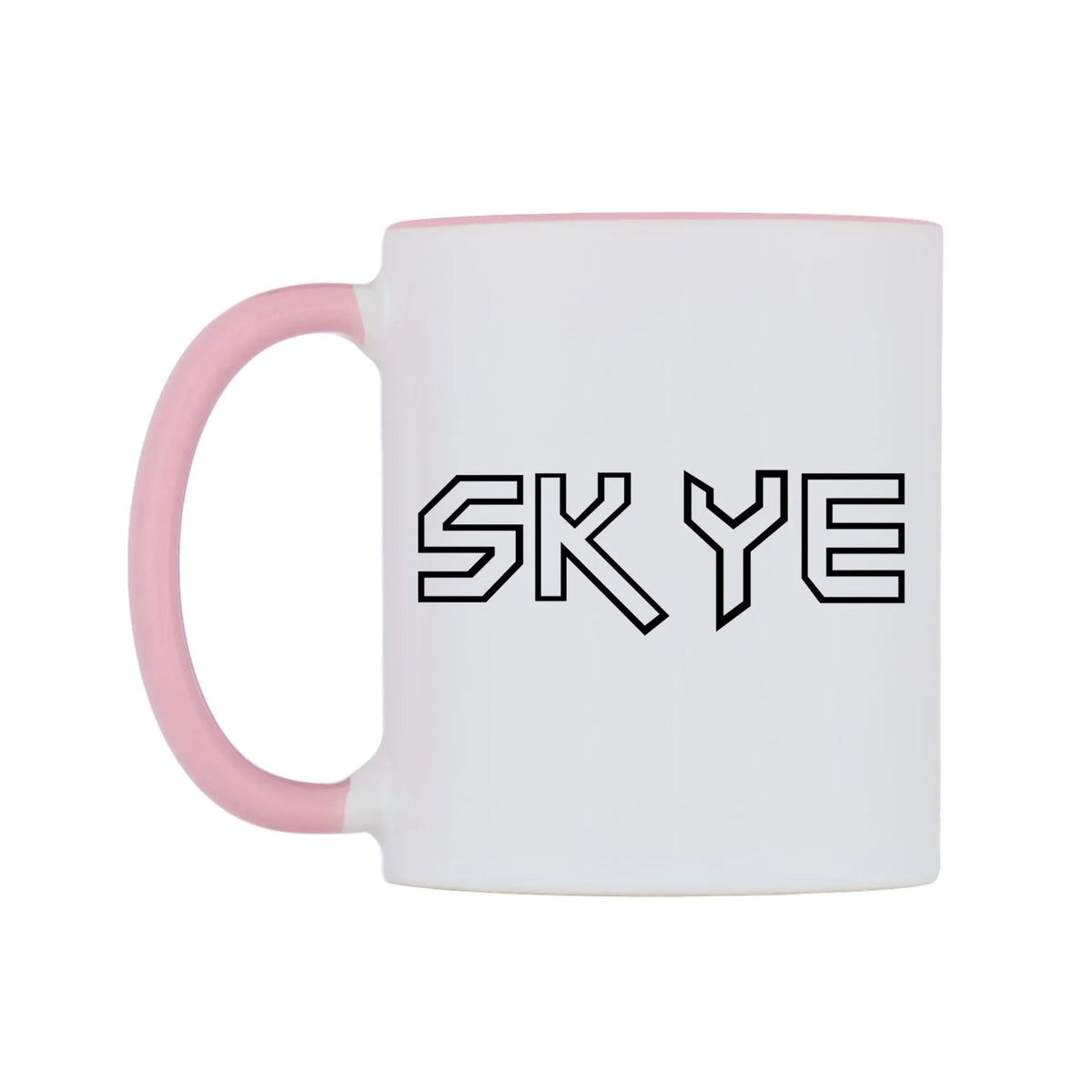 Skye - Iron Maiden Themed Mug — white 11oz gloss mug with a pink inside and handle, right side, on a white background