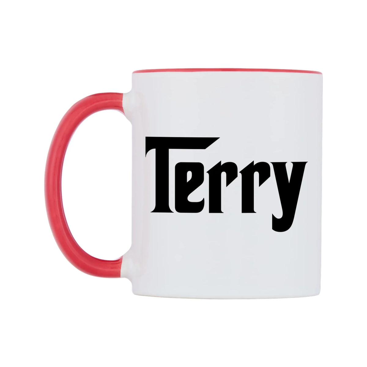 Terry - Godfather Themed Mug — white 11oz gloss mug with a red inside and handle, right side, on a white background