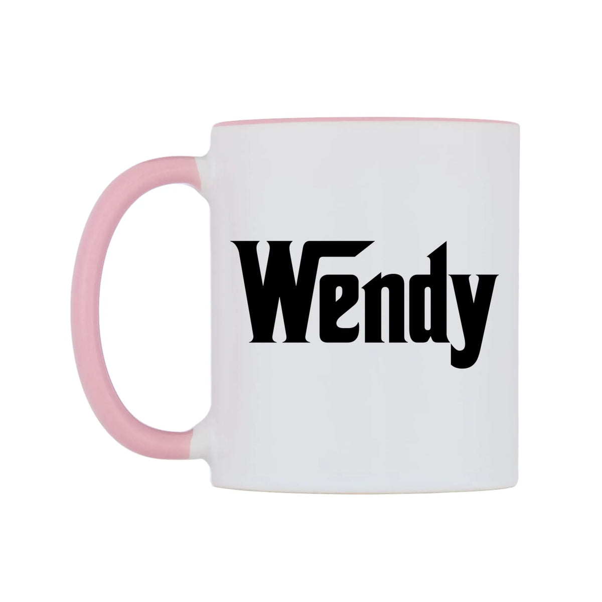 Wendy - Godfather Themed Mug — white 11oz gloss mug with a pink inside and handle, right side, on a white background