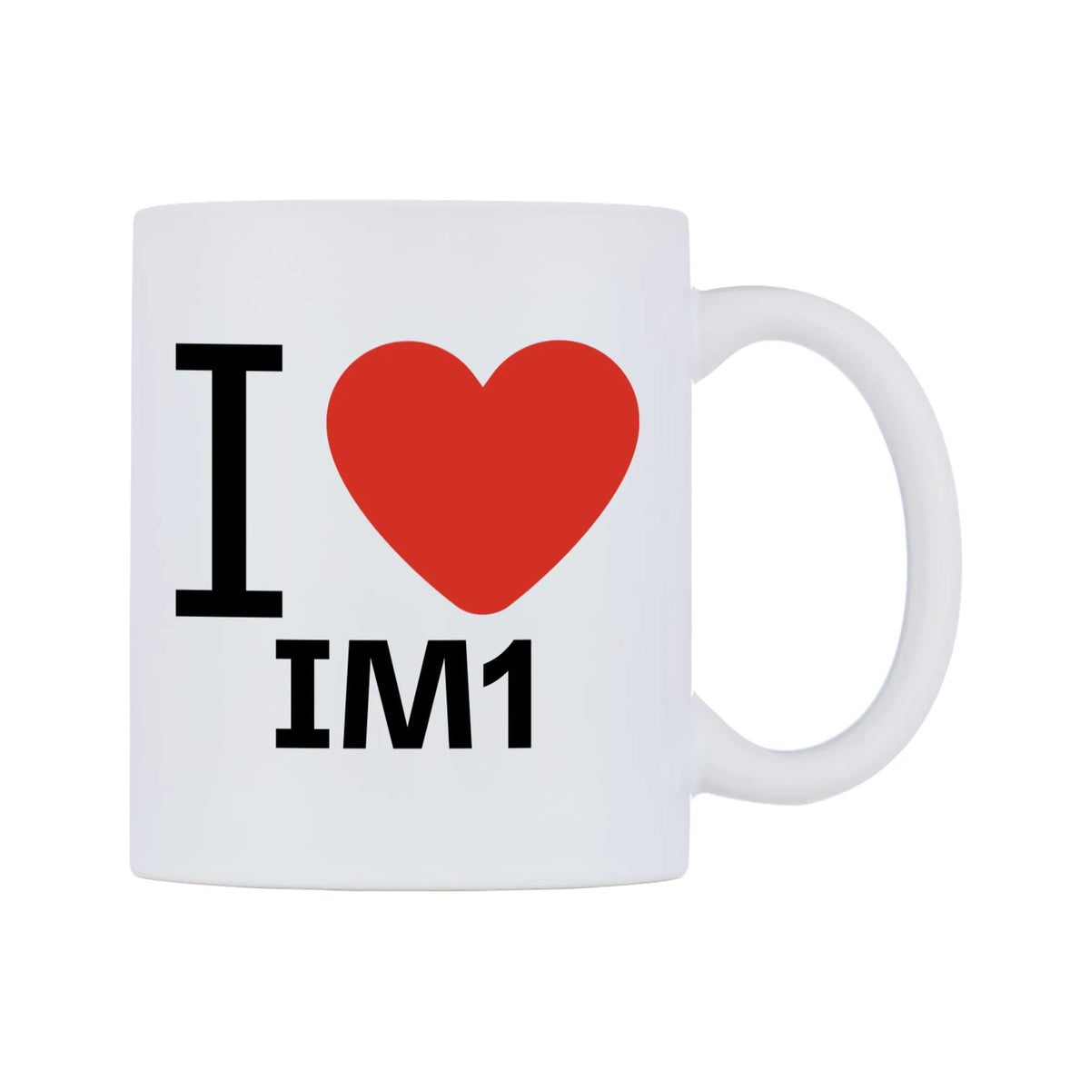 I Love IM1 Mug — white 11oz gloss mug, left side, on a white background