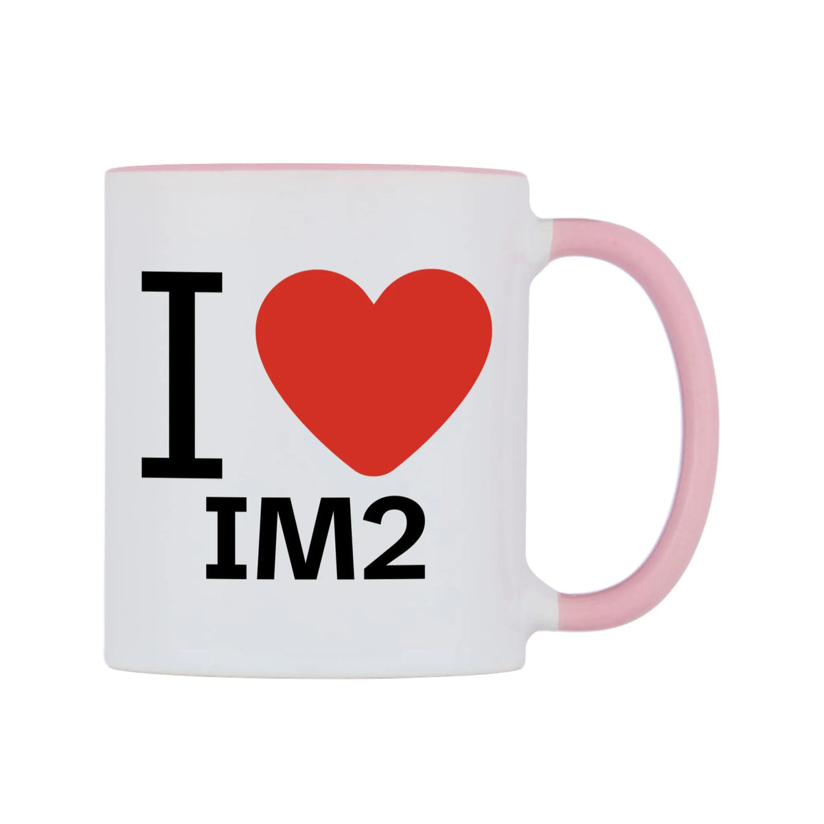 I Love IM2 Mug — white 11oz gloss mug with a pink inside and handle, left side, on a white background