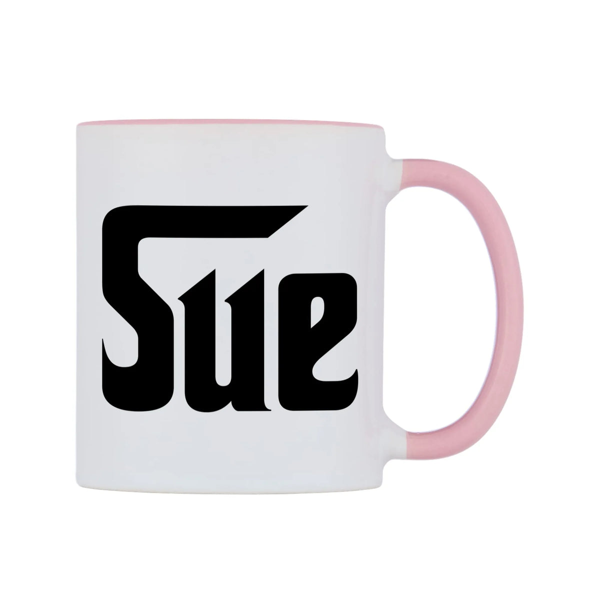 Sue - Godfather Themed Mug — white 11oz gloss mug with a pink inside and handle, left side, on a white background