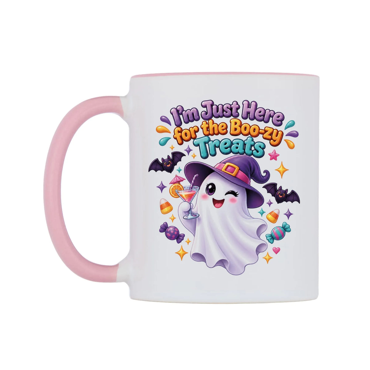 I'm Just Here for the Boo-zy Treats Mug — white 11oz gloss mug with a pink inside and handle, right side, on a white background