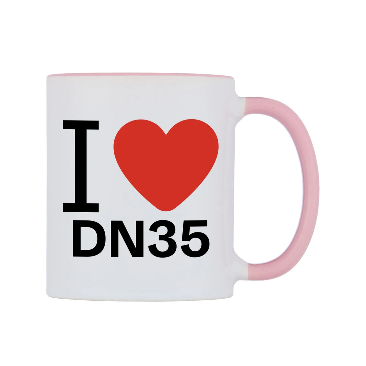 I Love DN35 Mug — white 11oz gloss mug with a pink inside and handle, left side, on a white background