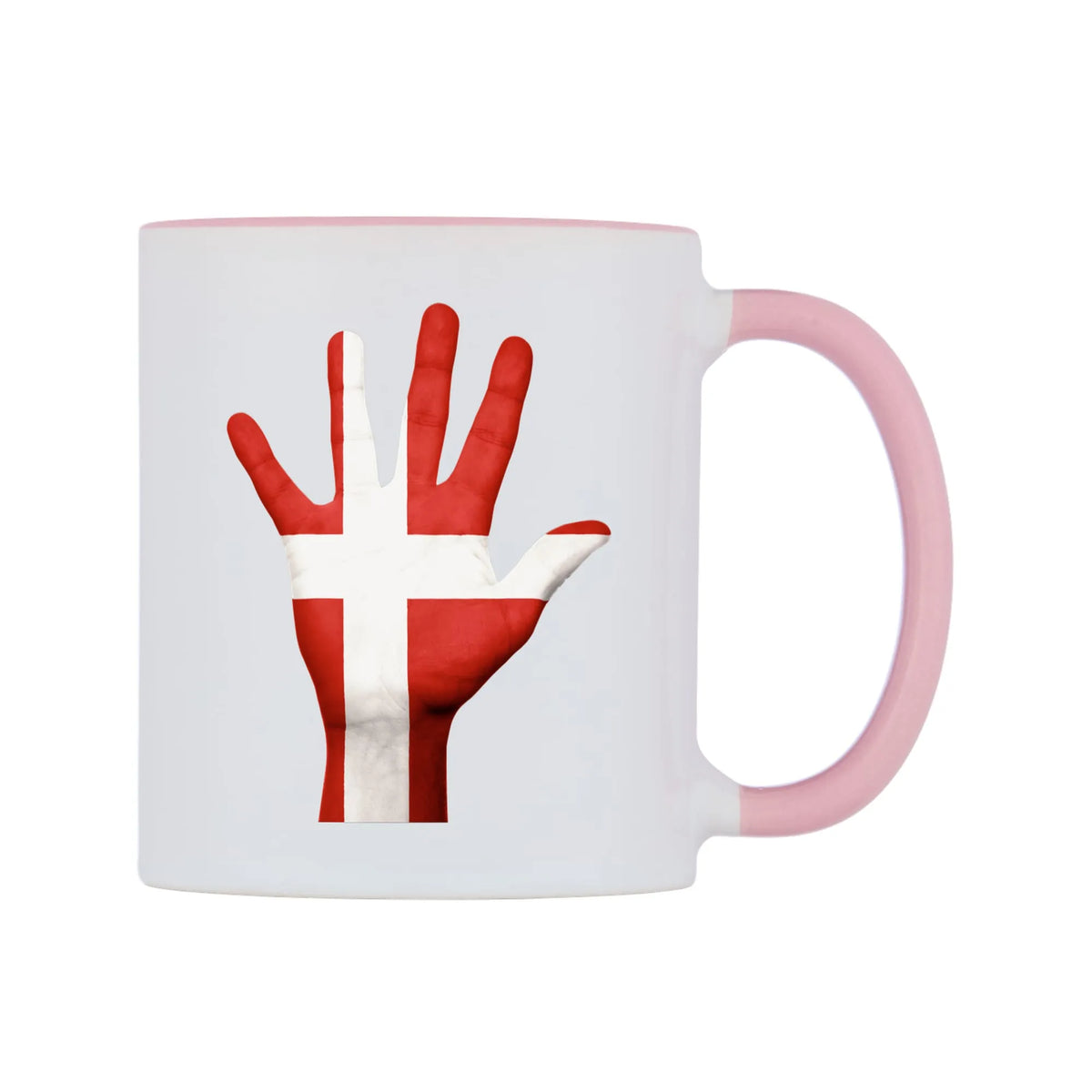 Denmark Hand Flag Mug — white 11oz gloss mug with a pink inside and handle, left side, on a white background