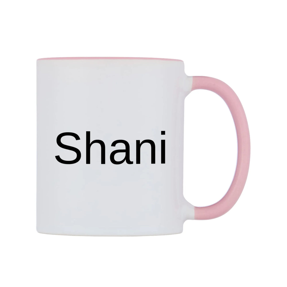 Shani Mug — white 11oz gloss mug with a pink inside and handle, left side, on a white background