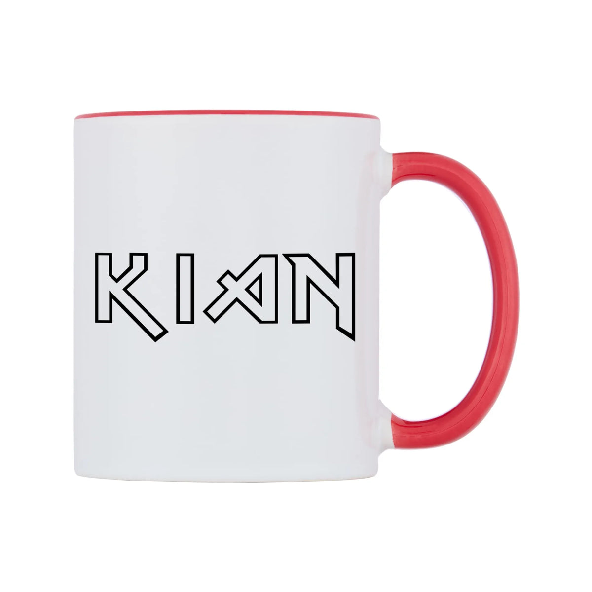 Kian - Iron Maiden Themed Mug — white 11oz gloss mug with a red inside and handle, left side, on a white background