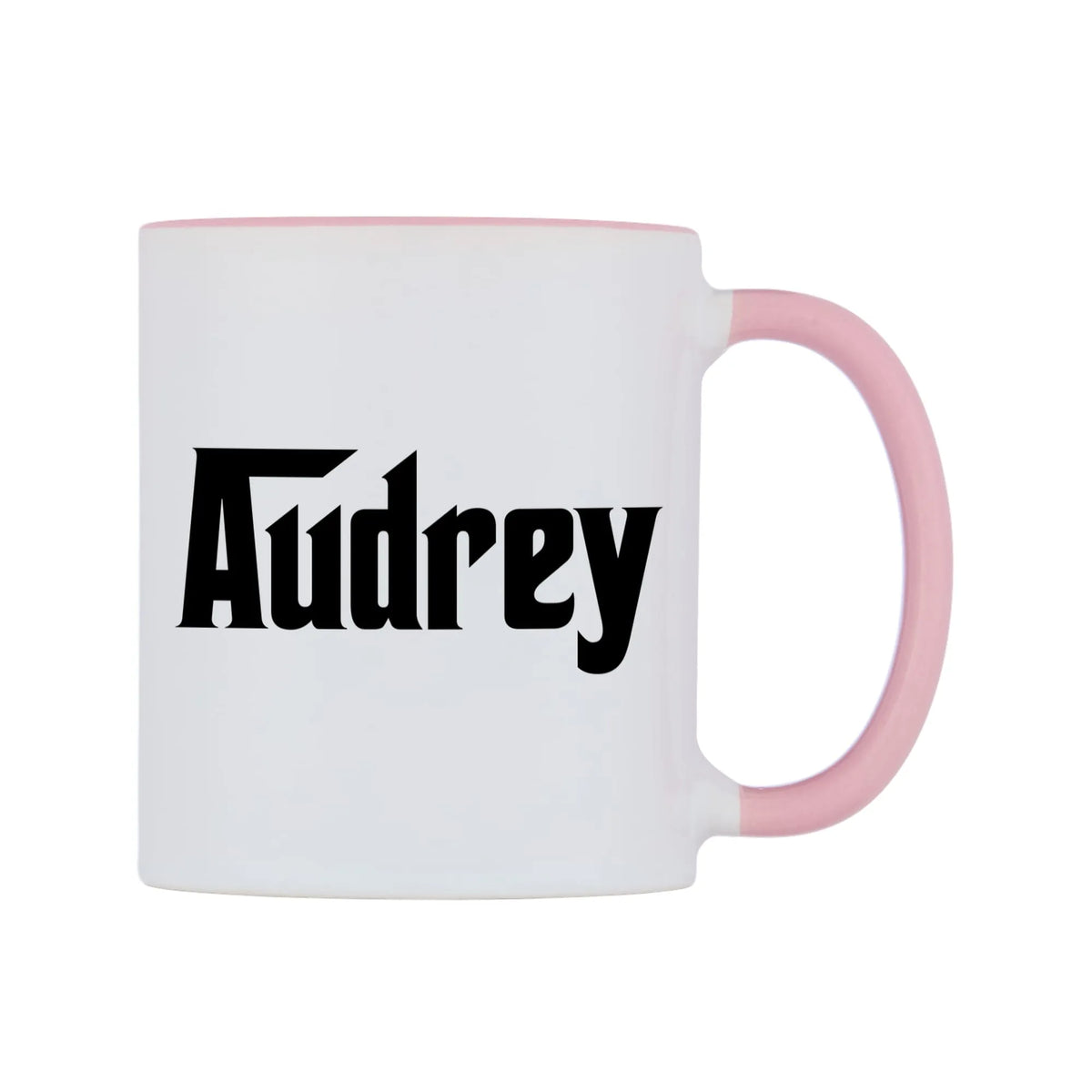 Audrey - Godfather Themed Mug — white 11oz gloss mug with a pink inside and handle, left side, on a white background