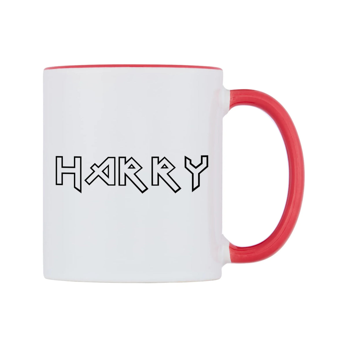 Harry - Iron Maiden Themed Mug — white 11oz gloss mug with a red inside and handle, left side, on a white background
