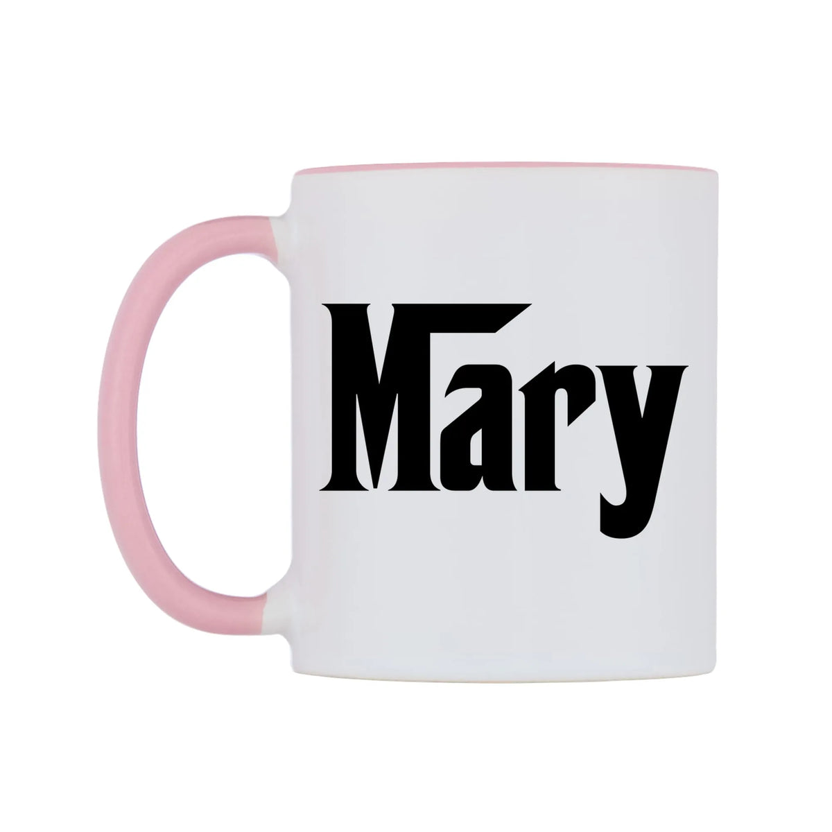 Mary - Godfather Themed Mug — white 11oz gloss mug with a pink inside and handle, right side, on a white background