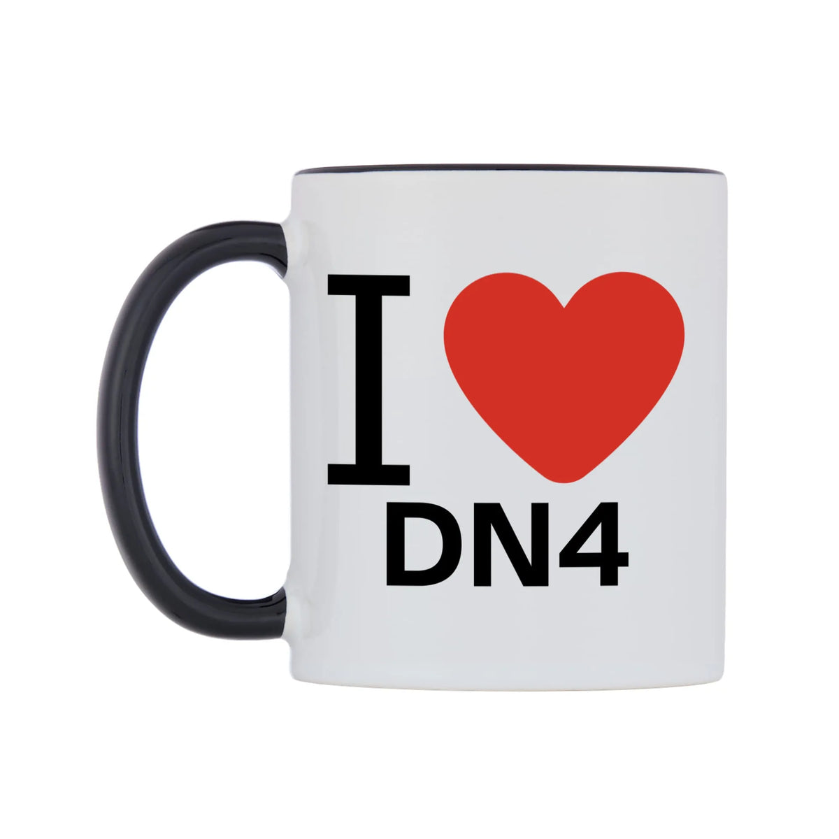I Love DN4 Mug — white 11oz gloss mug with a black inside and handle, right side, on a white background