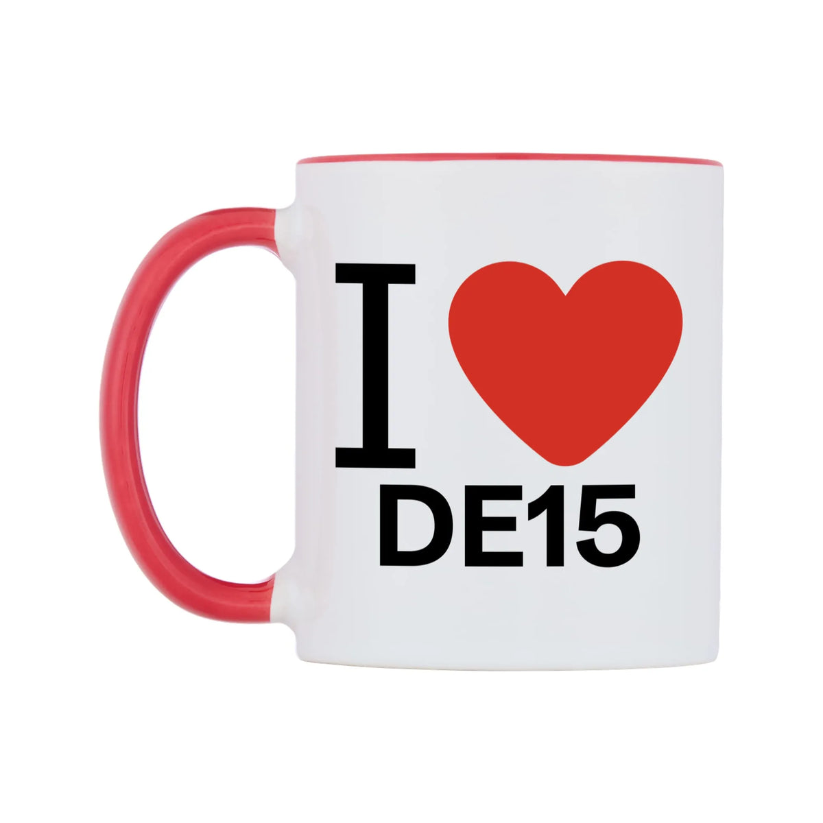I Love DE15 Mug — white 11oz gloss mug with a red inside and handle, right side, on a white background