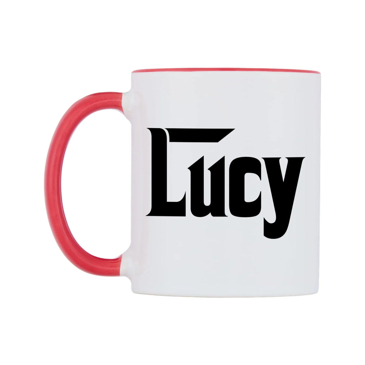 Lucy - Godfather Themed Mug — white 11oz gloss mug with a red inside and handle, right side, on a white background